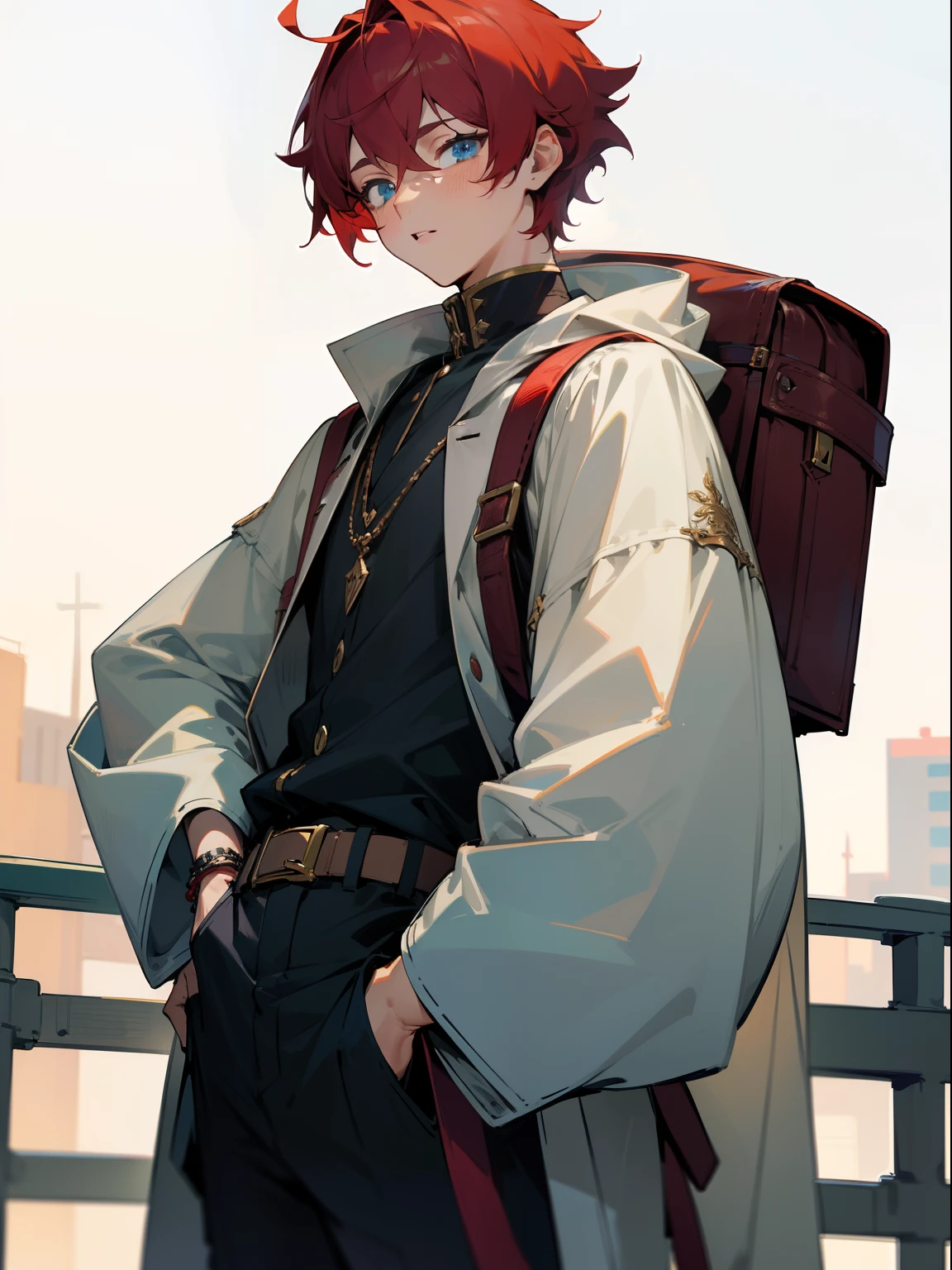 (masterpiece, best quality), intricate details, 8k, sharp focus, (bokeh) (best quality) (detailed skin:1.3) (intricate details) (8k) (detailed eyes) (anime) male character, fluffy hair, short hair, red hair, blue eyes, shota, male, anime boy, frontage, lovely boy, perfect face, detailed eyes, bold background, detailed accessories, unique outfit, sharp eyes, male, young man, idol, outdoors, summer, loose clothes, streetwear, healthy, lightly toned, western clothing, hood jacket, accessories, belts, backpack, model, handsome