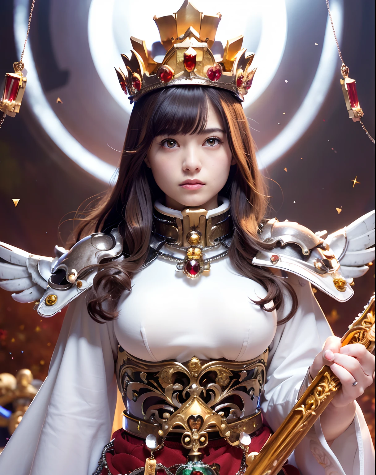 (masutepiece), Professional , ​masterpiece、top-quality、photos realistic , depth of fields ,（Wind element），close-up，dream magical，tornado，Lightning，（Gemstone Silver Jewel Body:1.９),(Matte White、Jewel Gold Weapon_（Metal:1.４),Gorgeous Jewel Metal Weapons , Detailed Sword of the Brave , Beautiful knife   ,warhammer 40k , adepta sororitas,Detail and ornate jewel crown、Brown hair、Gangle's forest background、Beautiful Caucasian beauty、１a person、dynamic ungle,(((Detailed and ornate diamond crown)))、Particles of light、cleavage of the breast、magic circles、
