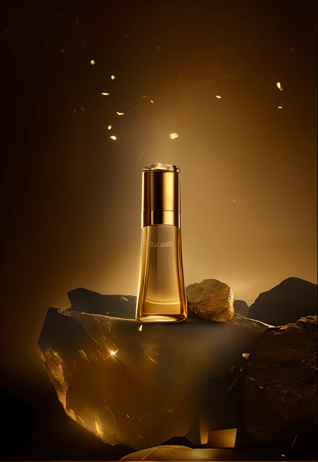 Alafard perfume bottle on rock on gold background, dramatic product photography, dramatic product shot, dark-toned product photos, dramatic product lighting, commercial product photography, Product photography 4 K, Product photography, products shot, high qualityProduct photography, author：Dietmar Dammelau, Official product photo, Goddess shooting, Professional product photography, professional product shot