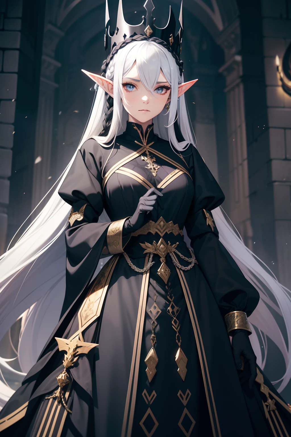 Black Dragon Princess,Elf long ears,British dark blue long group,Silk white gloves,Slightly curved long black hair,Dress conservatively,Crown of black thorns,Twist braids,Mature and steady,Complicated clothes,Large area of gold pattern,Silver crown,Elegant,cabelos preto e longos,Small twisted braids