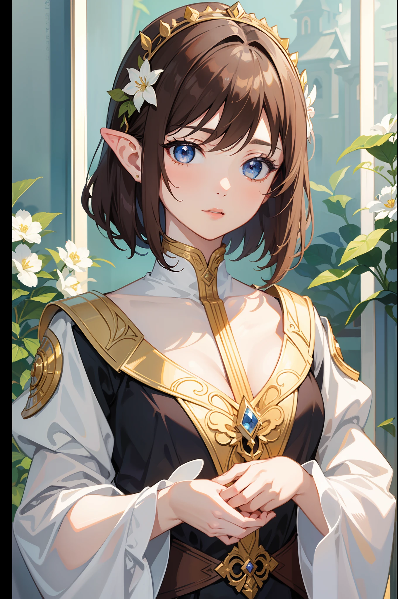 Official Art, Masterpiece European female face,elvish, short hair, lightbrown hair , brown eyes , Flower Frame ,Decorative panel , jugendstil , (masterpiece、top-quality、hight resolution: 1.4),in 8K, Drawing of a woman with short lightbrown hair, Anime Art Nouveau, highly detailed exquisite fanart, anime fantasy illustration, clean detailed anime art, detailed anime art, Sharp Focus, Delicate Beautiful Hair and Eyes and Face, realisitic, ultra-detailliert, a beauty girl, fairy