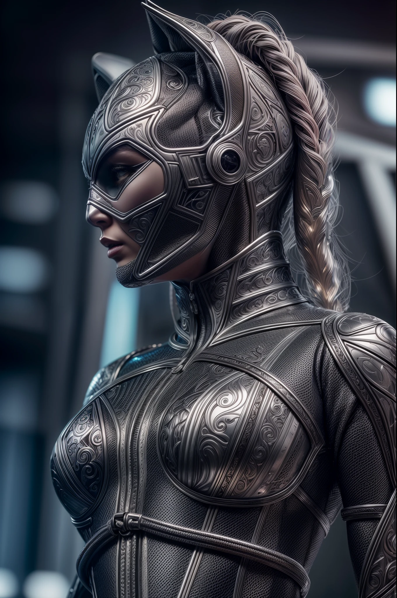 An intricate silver and carbon catwoman cybiotics suit, extremely detailed suit, micro-details, photorealism, one light, dark photo, deep shadows, shallow depth of field, photorealistic, Surrealism, high quality, masterpiece, 8k, 8k, super detail, full body portrait