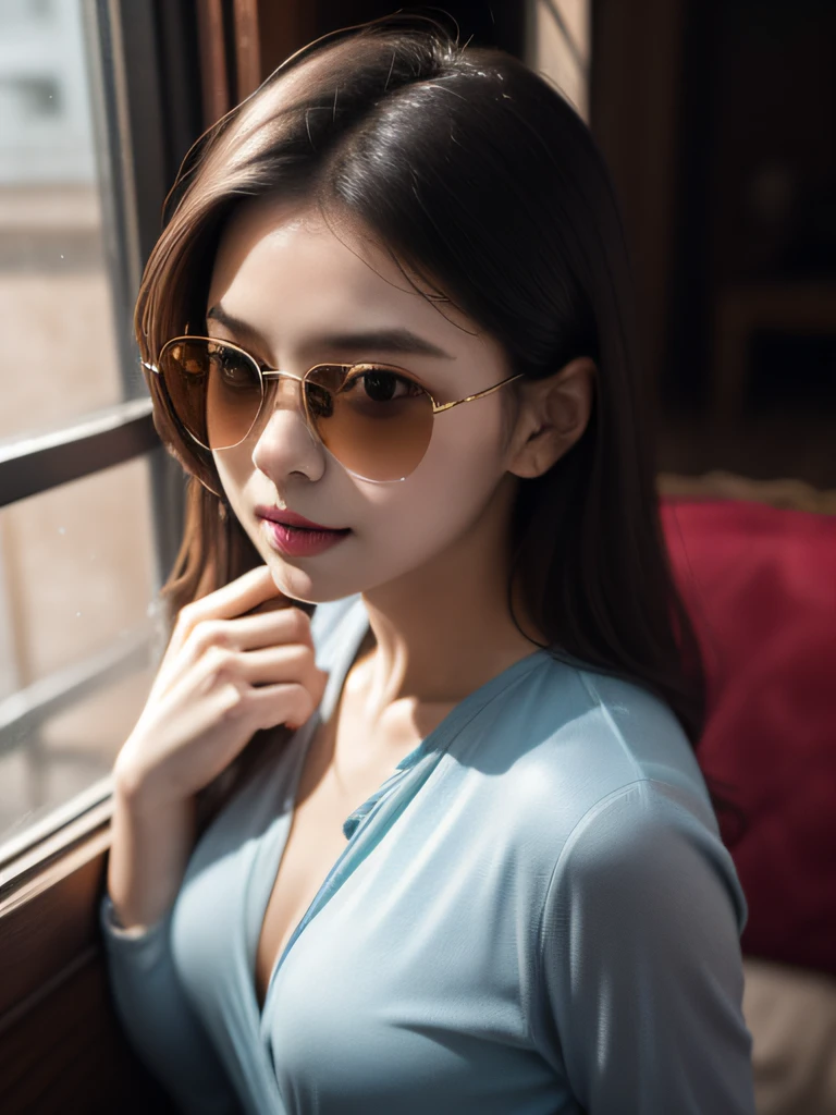 Best quality at best，tmasterpiece，超高分辨率，wears glasses,(smirk:1.2),(BOBO head:1.3), (above waist:1.3),（filmgrain：1.4），digital photography，By bangs，cinmatic lighting，（Fuji colors：1.2）, sportrait，facial closeups，Clear pores，1girll，looking at viewert，simplebackground（realisticlying：1.2）, natural soft light，exteriors，Skull camellia style，Wear thick gold-framed reflective sunglasses，32K（tmasterpiece，k hd，hyper HD，32K）Burgundy hair，The Silver Skull Jewelry District in the backstreets，Indigo Skull King ，Camellia in hand（The skeleton is realistic：1.4），Skull pattern robe，Silver skull light blue ornament，Petals flutter，The background of autumn is pure，Hold your head high，Be proud，The nostrils look at people， A high resolution， the detail， RAW photogr， Sharp Re， Nikon D850 Film Stock Photo by Jefferies Lee 4 Kodak Portra 400 Camera F1.6 shots, Rich colors, ultra-realistic vivid textures, Dramatic lighting, Unreal Engine Art Station Trend, cinestir 800，Hold your head high，Be proud，The nostrils look at people，Tsundere，Camellias fluttering，Petals flutter，Sprinkle with gold dust，Fluttering camellias，Perfect camellia，( reasonable design, Clear lines, High sharpness,Best quality, Very detailed skeleton, The skeleton of a masterpiece, offcial art, movie light effect, 16K skeleton（（（Wear thick gold-framed reflective sunglasses）））