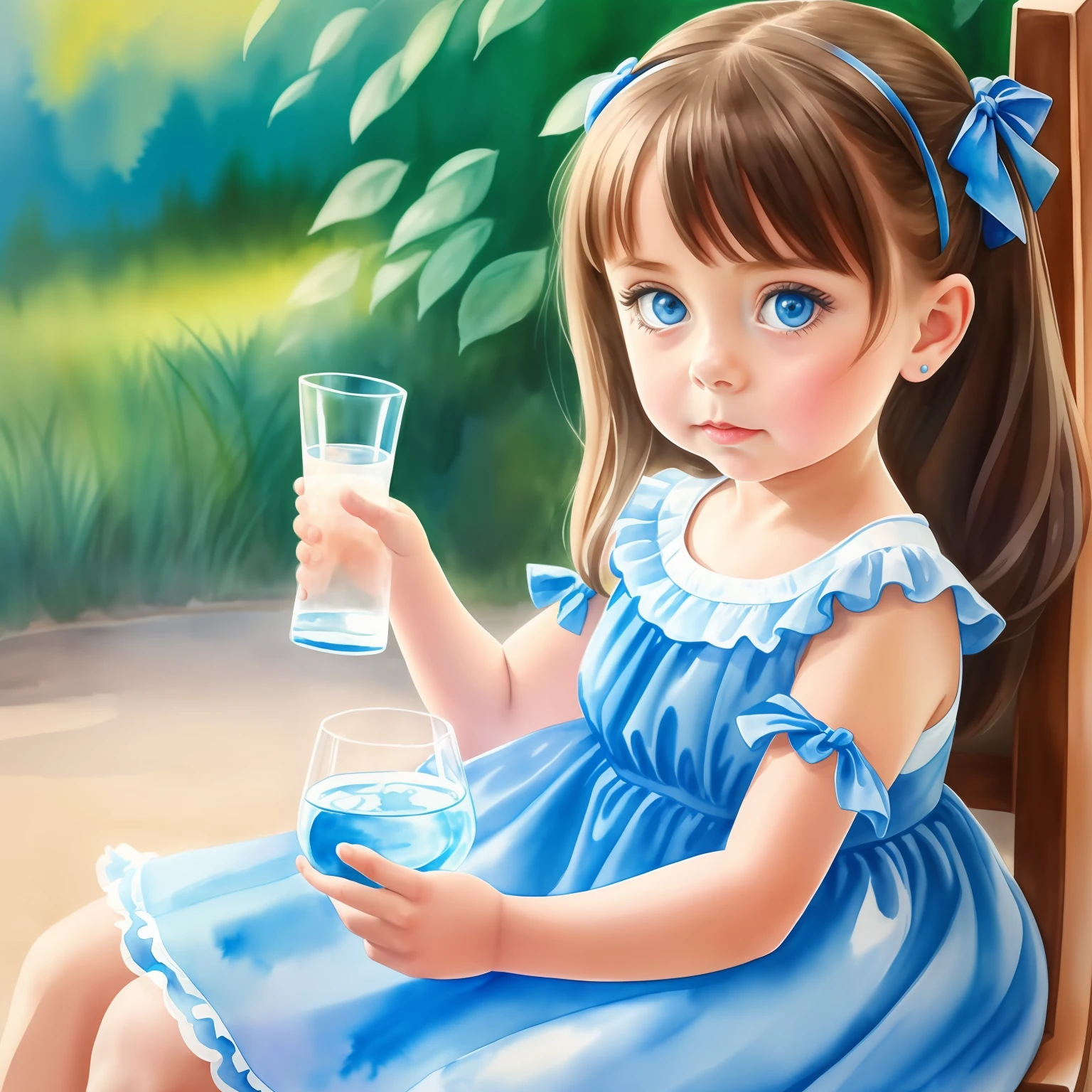 Watercolor painting of a little girl wearing a beautiful blue dress and drinking a glass of water, big eyes, blue bow in the hair, water, blue, beautiful, perfect composition, highly detailed