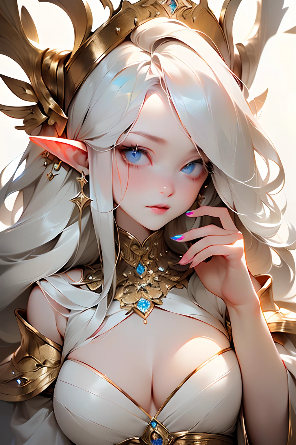 ((best quality)), ((masterpiece)), (detailed), albino queen, elves queen of stars and light, deep blue eyes, long white hairs, curly hairs, light sparkles, elegant grey silver dress, little silver stars accessories, large breast, curvy, white starry crown, little colorful lights background,