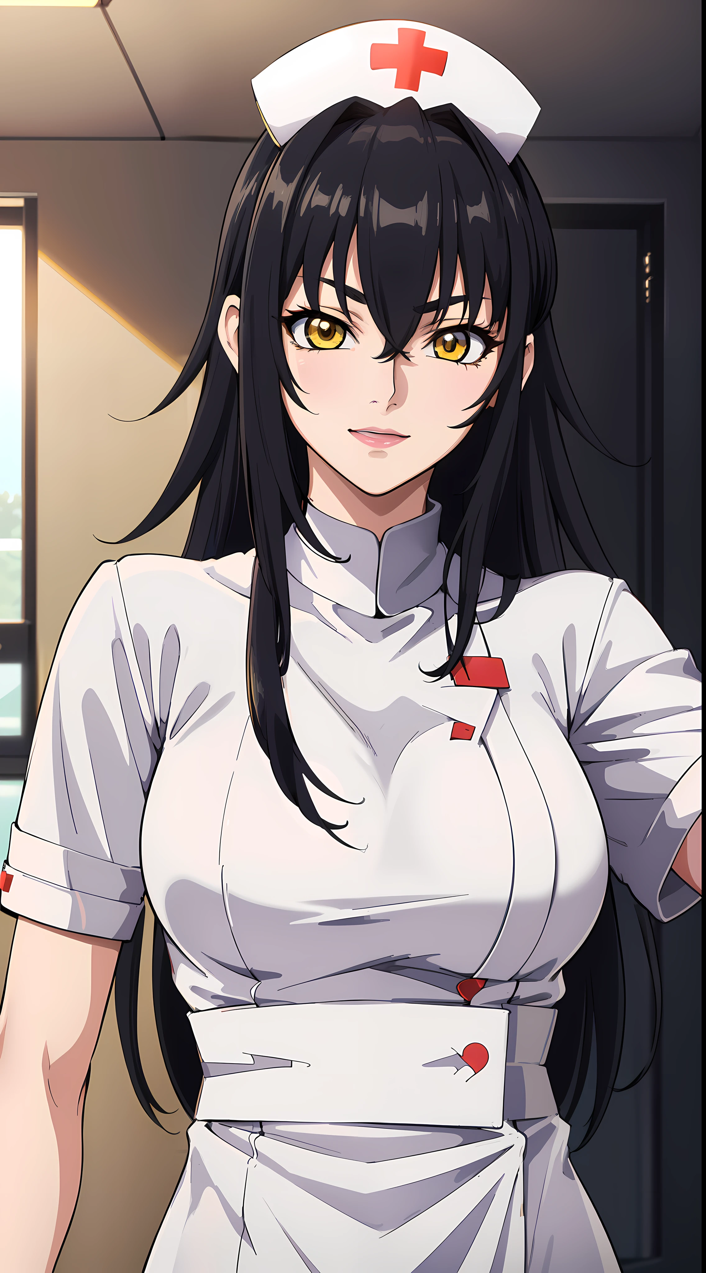 Masterpiece, Highly detailed, Best quality, 超高分辨率, 1girll, Solo, (Snow outside the window,By the fire,perspire,Be red in the face),(Medium breasts), Breasts, (Hana than Hinata:1), (In a hospital,hospital bed),(Nurse's uniform,Long black stockings,stooped,Leaning your hands against the wall), cleavage, From the front side,are standing,Black eyes