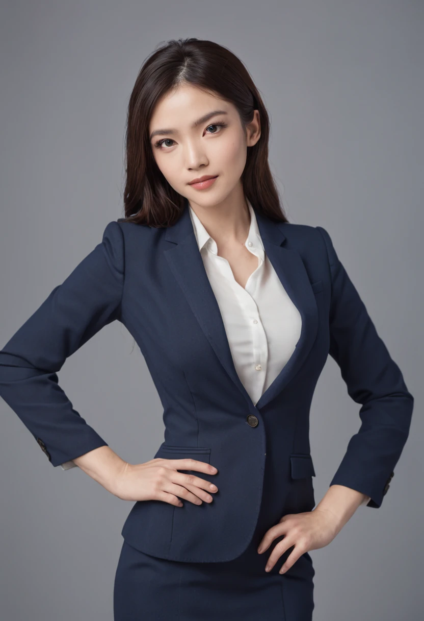 Professional image of a 25-year-old professional woman, Wear a navy blue business casual suit and hip-wrapping skirt, Professional profile photo, posing with crossed arms, professional picture, professional profile picture, photograph of a woman, Business woman, lecturer, Black hair, Slim body, 8K high-definition