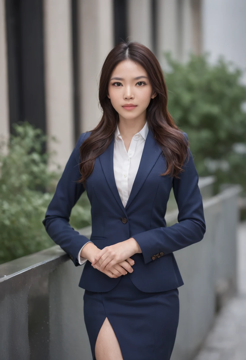 Professional image of a 25-year-old professional woman, Wear a navy blue business casual suit and hip-wrapping skirt, Professional profile photo, posing with crossed arms, professional picture, professional profile picture, photograph of a woman, Business woman, lecturer, Black hair, Slim body, 8K high-definition