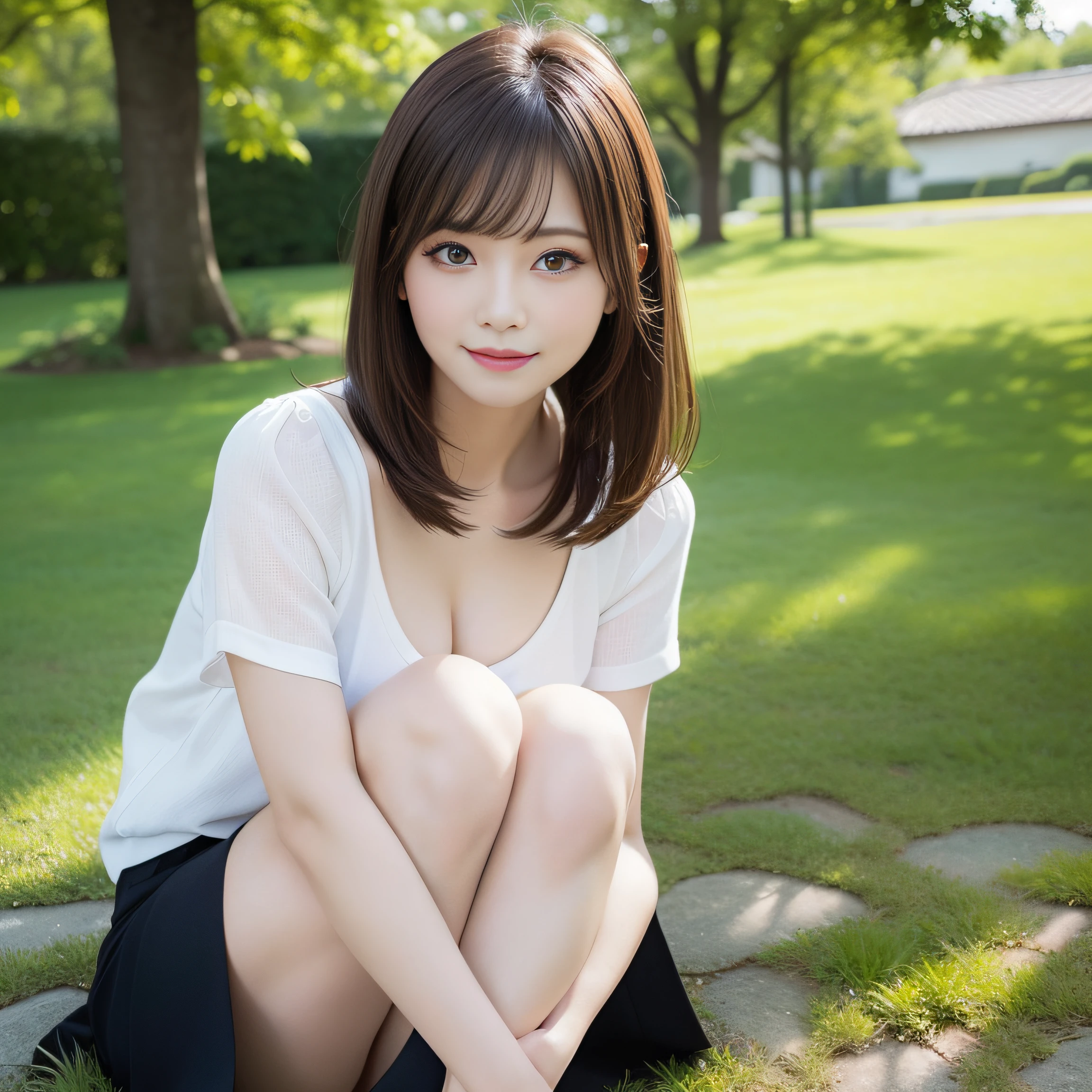 in 8K,Best Quality:1.4, 超A high resolution:1.5, (Photorealistic:1.4),​masterpiece:1.2,(top-quality:1.4)、 Raw photo、 (From the knee up:1.4), (the background is blurred),  Japan women, Cute, 35 year old:1.5、Beautiful black eyes、dual、natural skin textures:1.8, realistic eyes and face details:1.8、middlebreasts、(Solo), (Shy smile),  Full body:1.2、Cute clothes、realistic shadow、beauty legs:1.2、Smooth skin、 (Brown medium hair,Bangs),nogizaka:1.2,Beautiful body,  Midsummer blue sky、 Grassy park on the mountain、 Look at viewers、low angles、Gravure Pose
