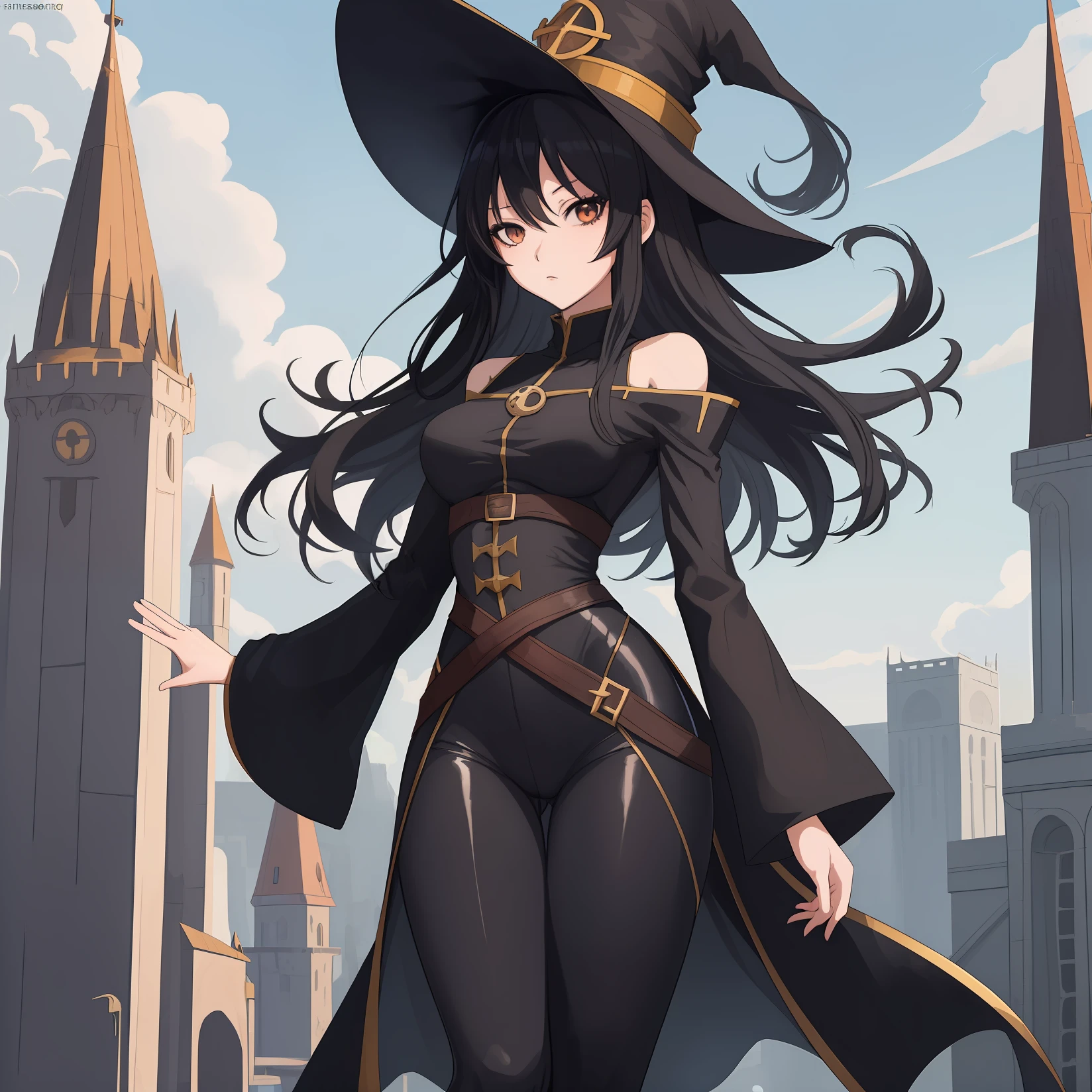 anime girl, black hair, wizard tower, full body shot, sexy, skinny, black leggings