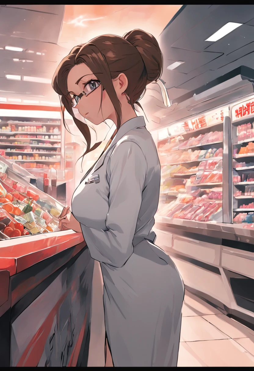 Busty, curvy cashier Lucy Pinder, updo, glasses, wears a white labcoat, a pencil skirt and high-heeled stilettos, sits behind the checkout counter of a supermarket and cashes in goods on the treadmill