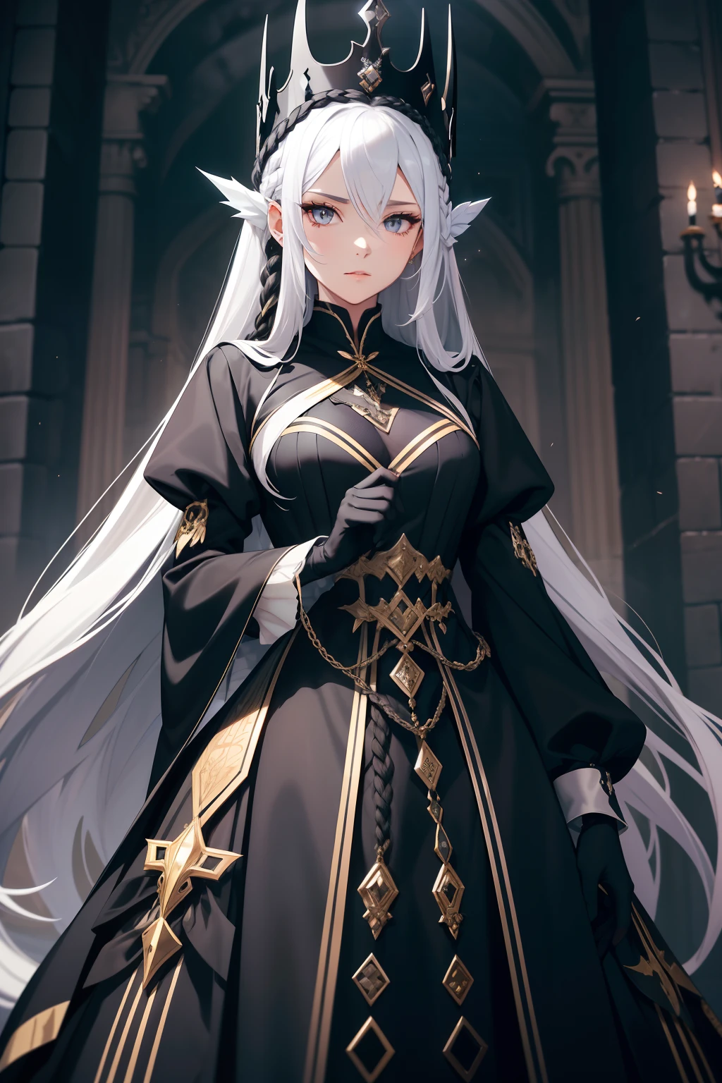 Black Dragon Princess,British dark blue long group,Silk white gloves,Slightly curved long black hair,Dress conservatively,Crown of black thorns,Twist braids,Mature and steady,Complicated clothes,Large area of gold pattern,Silver crown,Elegant,cabelos preto e longos,Small twisted braids
