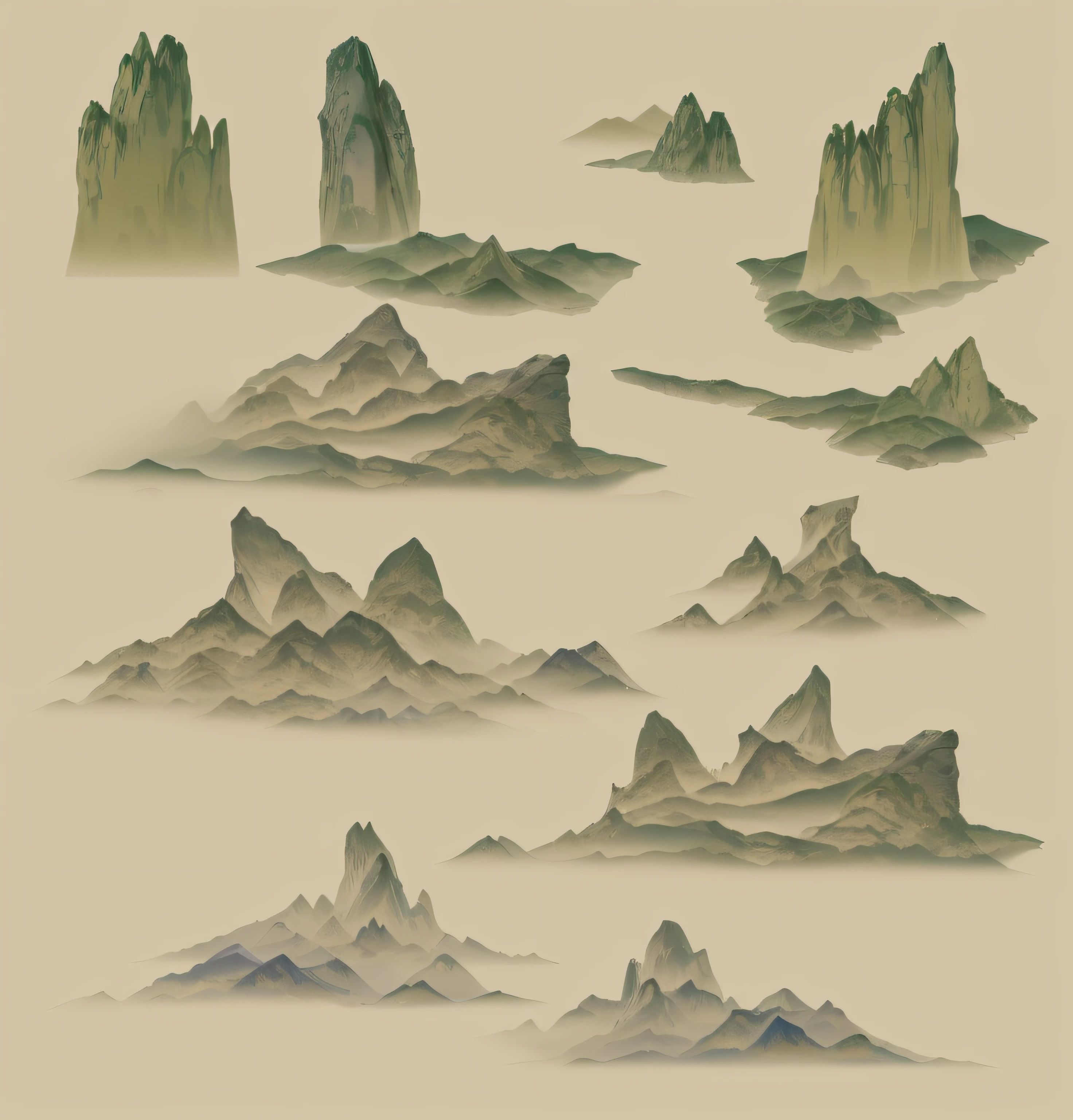 A close-up of a bunch of mountains and a few rocks, Floating mountains, alien mountains, mountain scene, Mountains, mountain ranges, craggy mountains, Peaks, moutains, some mountains in the background, mountain ranges, mountainous terrain, mountainous background, game map matte painting, scattered islands, avatar landscape, background mountains, mountainous, flying islands
