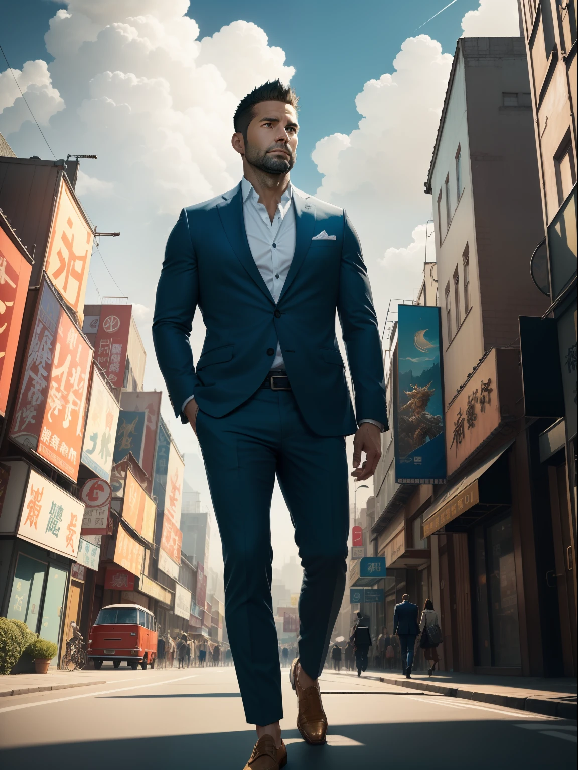 (Masterpiece) Extremely quality, hyper detailed illustration, Ultra-high resolution, Interpret the handsome image of a handsome 36-year-old man，The suit is straight，mature。Muscular，showing whole body，Short hair and inadequate trimming of stubble，In a surreal high-rise sci-fi city。with blue sky and white clouds，Background crowds gather for a walk，Street background details are exquisite，The scene is surreal，Create an enchanting graphic style，fantasy，lamplight，realisticlying， The is very detailed， 复杂， high detal，独奏