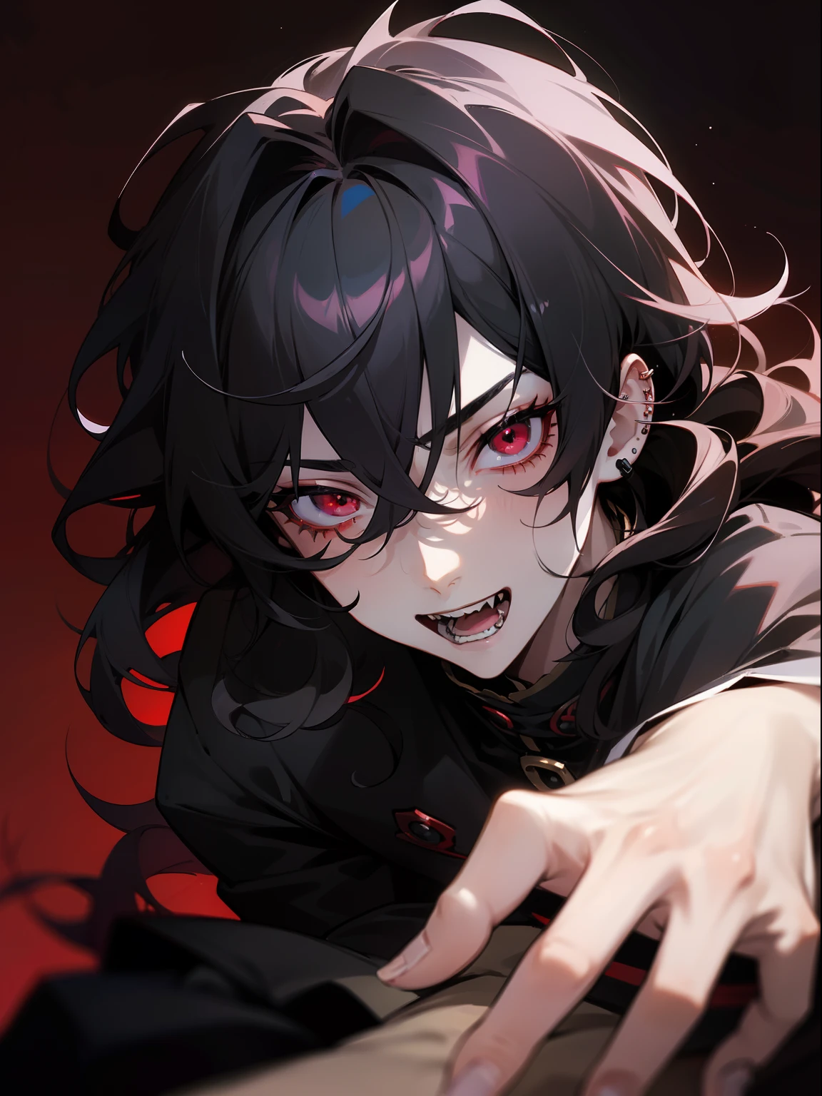 (masterpiece, best quality), intricate details, 8k, sharp focus, (bokeh) (best quality) (detailed skin:1.3) (intricate details) (8k) (detailed eyes) (anime) male character, wavy hair, short mullet, longer back of hair, black hair, red eyes, male, anime boy, frontage, lovely boy, perfect face, detailed eyes, bold background, detailed accessories, unique outfit, sharp eyes, male, young man, idol, dark colours, piercings, pale skin, vampire, fangs, defined features, model, Rei Sakuma, Sakuma Rei, gothic, artistic, symbolism