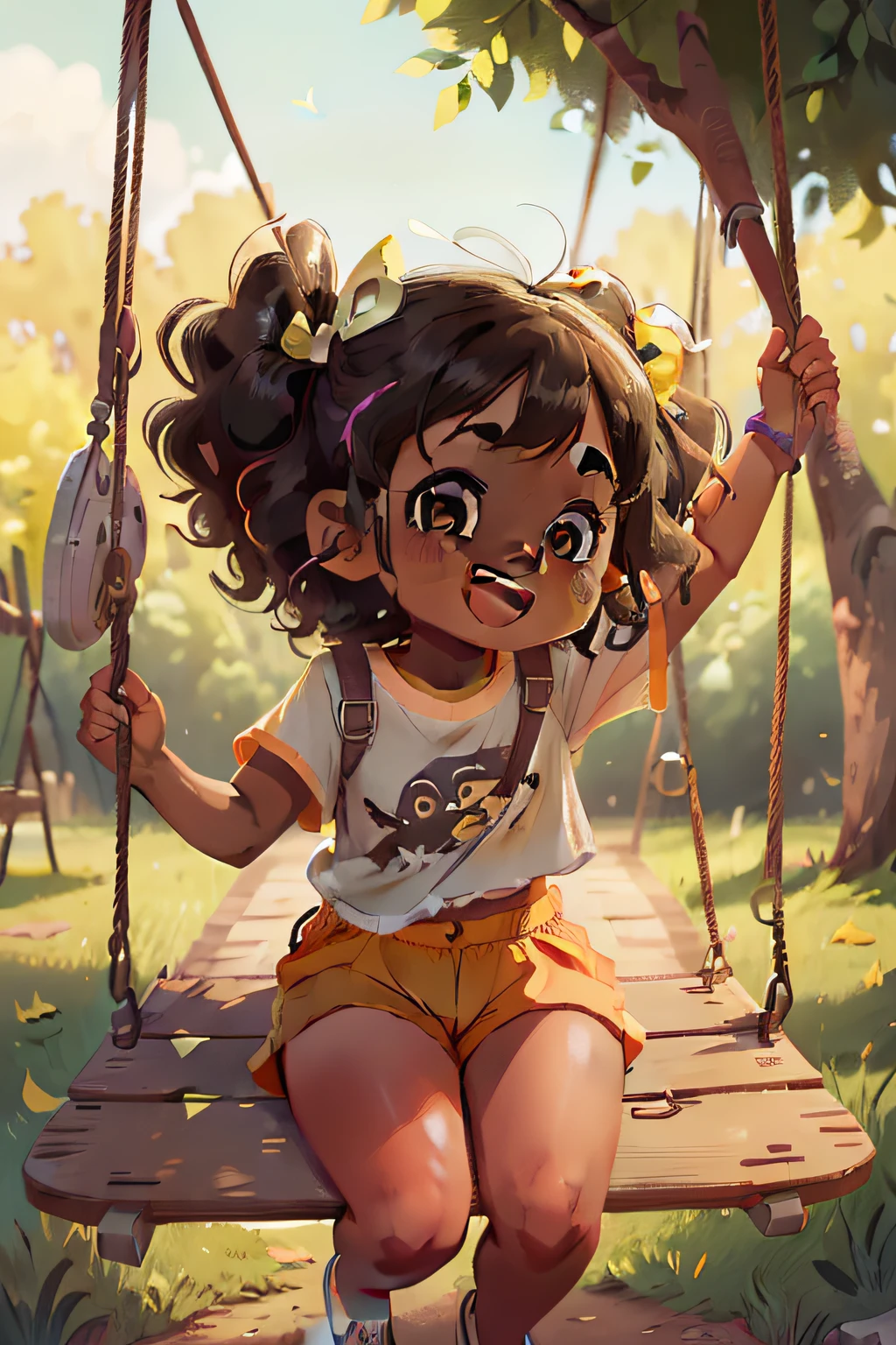 Lucy is a girl, , black skin, dark,crisped frizzy hair, has a bow in her hair, happy and smiling, is wearing yellow shorts, white t-shirt, white sneakers, swinging on a swing in the park