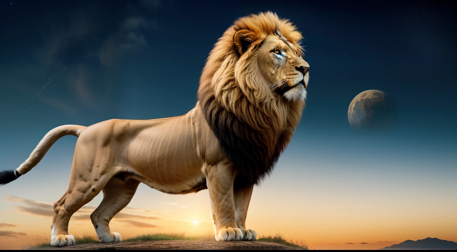 An artistic illustration of a majestic lion in a prominent position, with its mane blowing in the wind and a confident gaze. He is on top of a hill, looking at a horizon full of possibilities. Around the lion, you can include symbolic elements such as a rail that symbolizes life's journey, bright stars representing aspirations, and a rising sun indicating new beginnings. The title "The Determined Lion" will be in large bold letters at the top of the image.