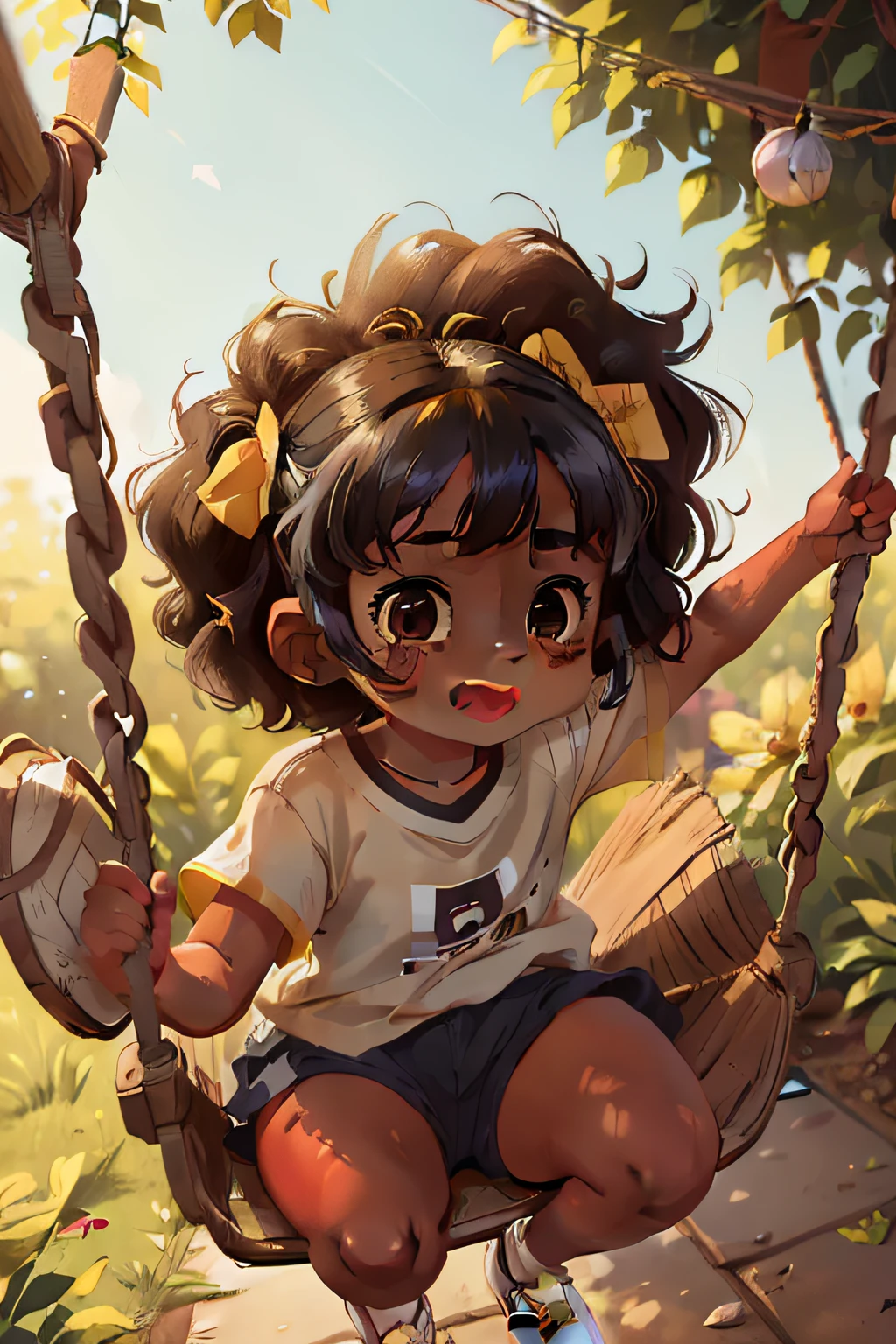 Lucy is a girl, 8 years old, black skin, dark, crisped bad hair, has a bow in her hair, happy and smiling, is wearing yellow shorts, white t-shirt, white sneakers, swinging on a swing in the park