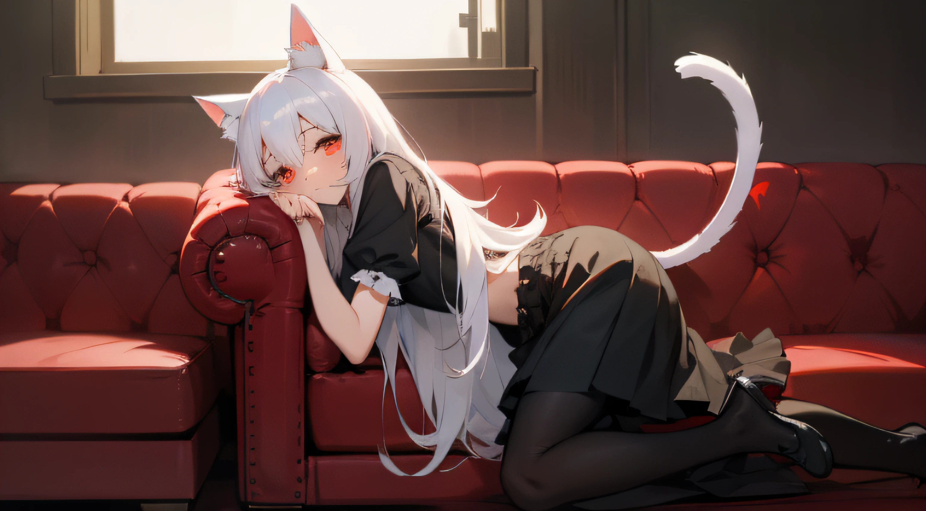 s girl,one-girl,White hair,long whitr hair,cat ear,Cat tail,Lie down,expressiveless,Be red in the face,Beth,Lolirostitute,pleatedskirt,red color eyes,On the sofa