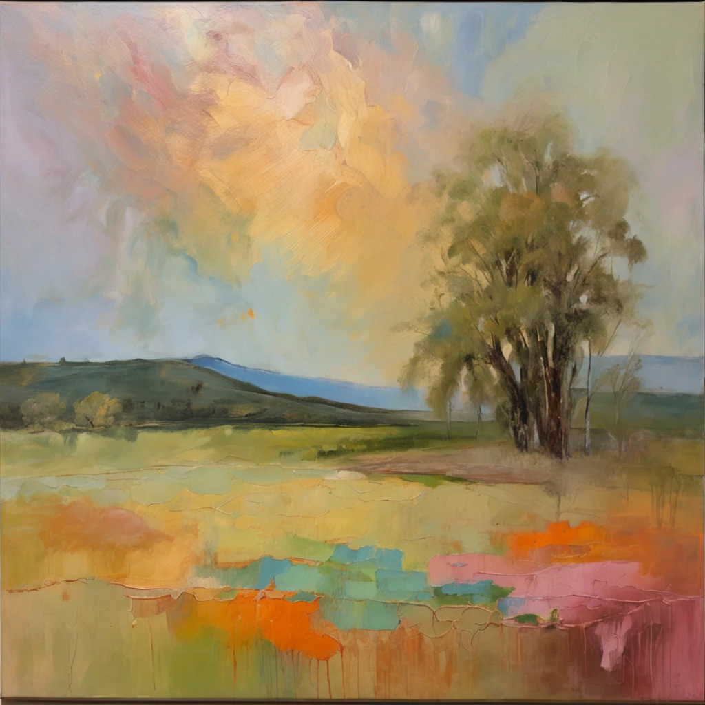 An oil painting of a landscape with rolling hills and trees in the style of Degas