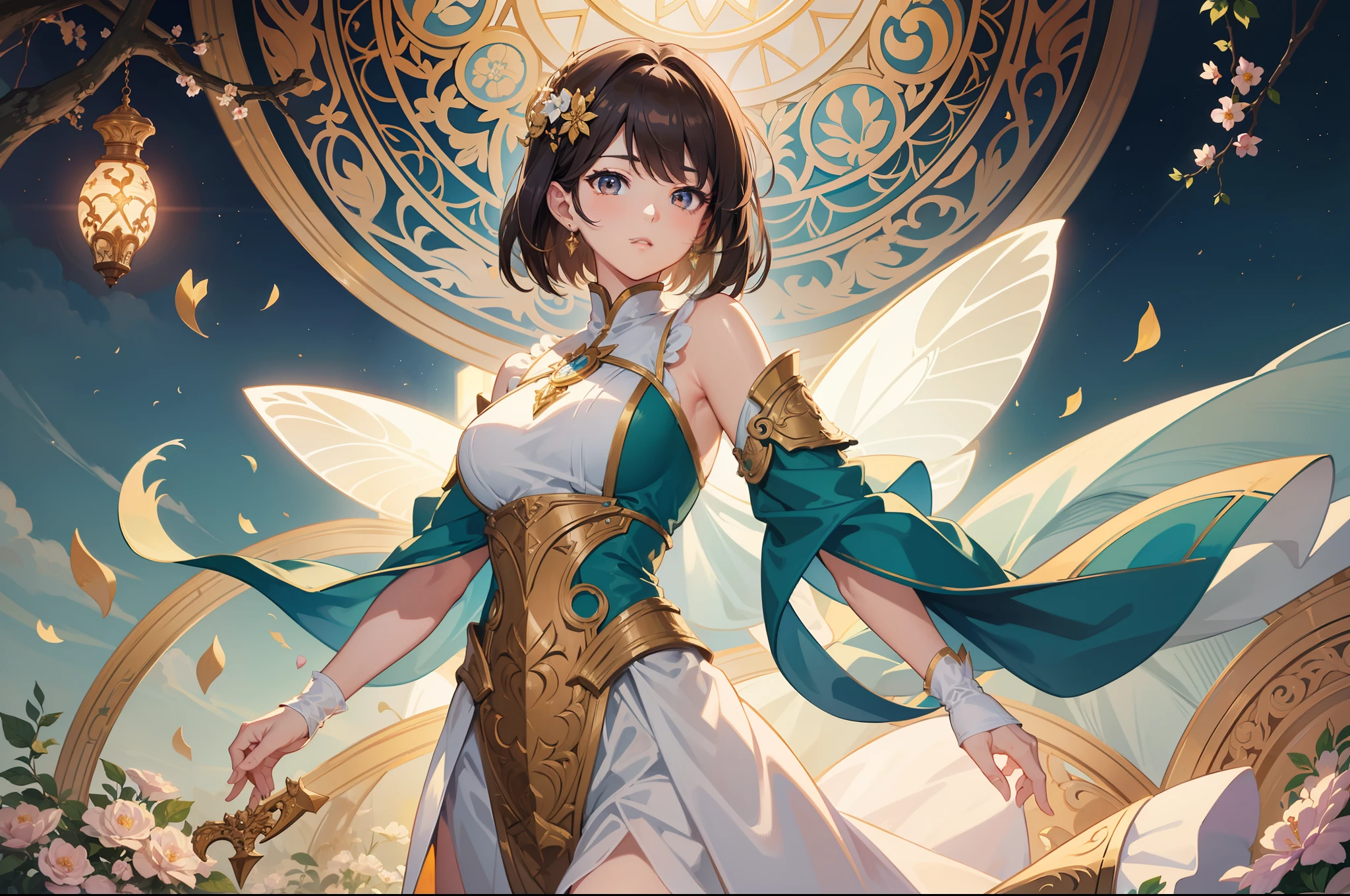 Official Art, Masterpiece European female face,elvish, short hair, lightbrown hair , brown eyes , Flower Frame ,Decorative panel , jugendstil , (masterpiece、top-quality、hight resolution: 1.4),in 8K, Drawing of a woman with short lightbrown hair, Anime Art Nouveau, highly detailed exquisite fanart, anime fantasy illustration, clean detailed anime art, detailed anime art, Sharp Focus, Delicate Beautiful Hair and Eyes and Face, realisitic, ultra-detailliert, a beauty girl, fairy