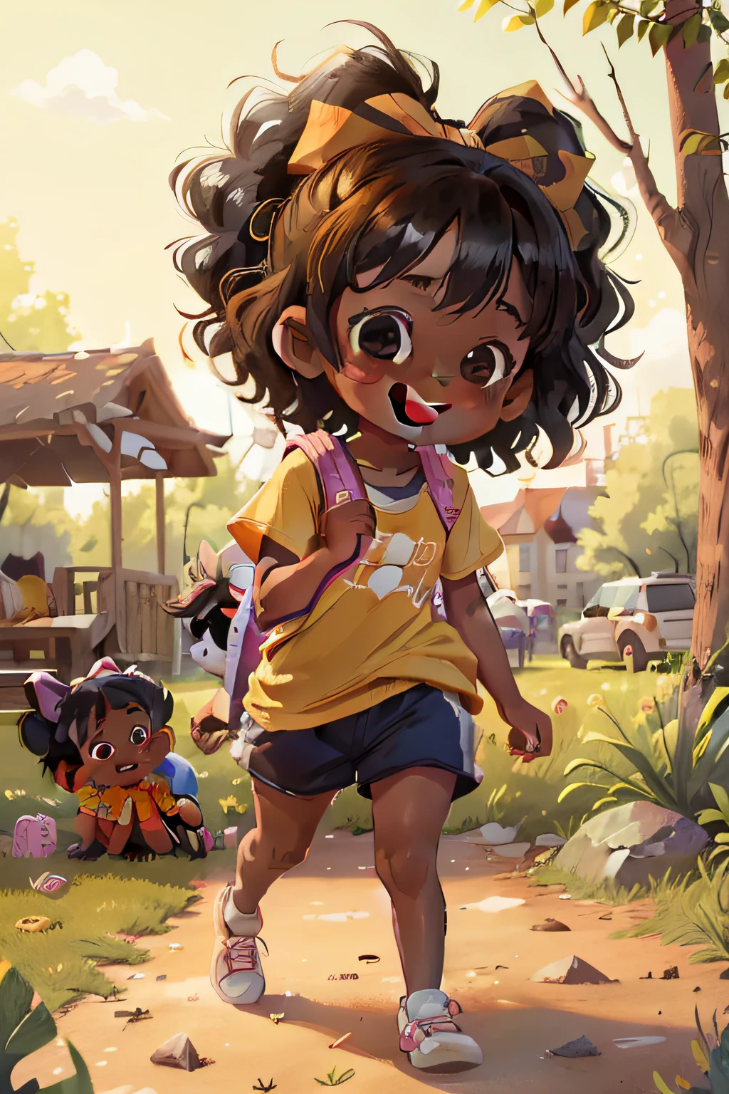 Lucy is a girl, 8 years old, black skin, dark, crisped bad hair, has a bow in her hair, happy and smiling, is wearing yellow shorts, white t-shirt, white sneakers, at the park with a 8 year old boy named ricky, having fun