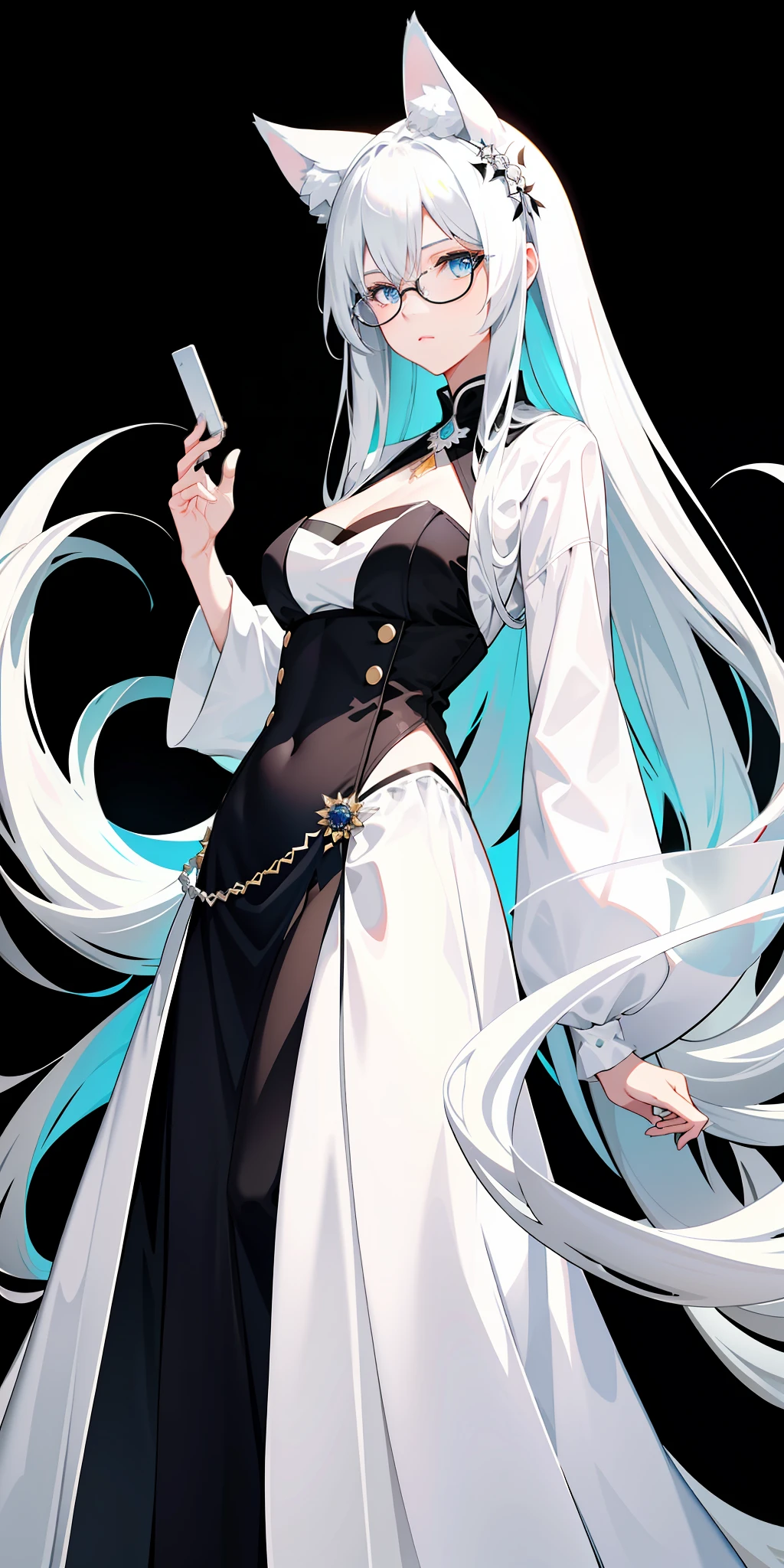 Wallpapers,White fox ears,black color hair,Delicate hair accessories,Complete long skirt,White color blouse,Long dark blue dress,smallunderboob,blue color eyes,Handsome face,full bodyesbian,wears glasses,Dark background,Light,Reflective