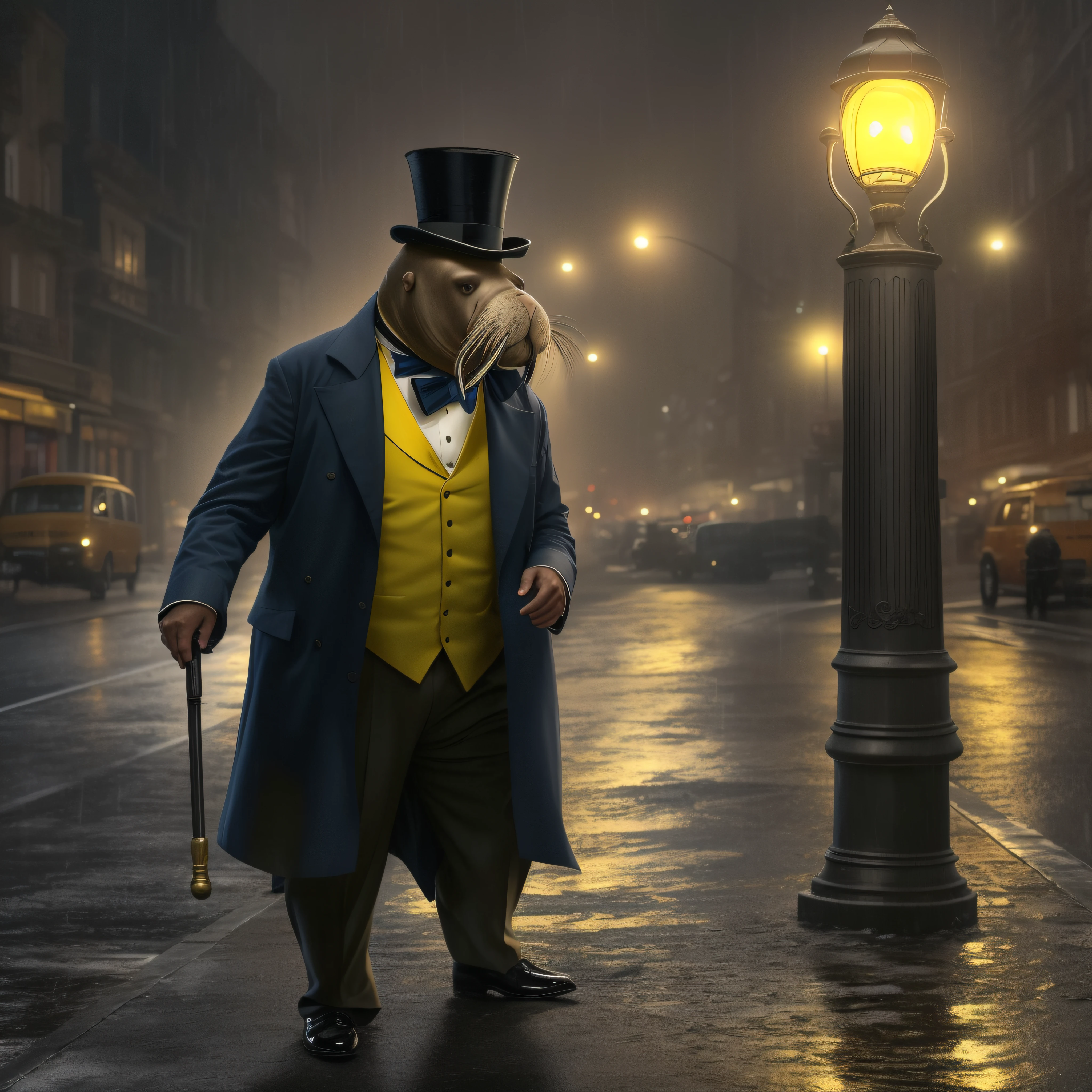 The glow of the streetlight cast a yellow hue onto the damp city street. A light rain had just passed, and the air was thick with mist. Standing beneath the tall lamppost was a large walrus wearing a black bow tie and top hat. His whiskers twitched as he gazed up at the light, the yellow glow reflecting in his dark round eyes. Though he was far from his icy ocean home, he did not seem lost or afraid. The walrus leaned on his walking cane, blinking calmly, while the traffic on the busy street roared past him. His polished black shoes tapped along with the music from a jazz club down the road. He seemed content in this odd scene, a gentleman walrus taking an evening stroll through the rainy city, not concerned by the strange looks from passerby. The walrus checked his pocket watch, the chain attached to his waistcoat, and continued on into the night.