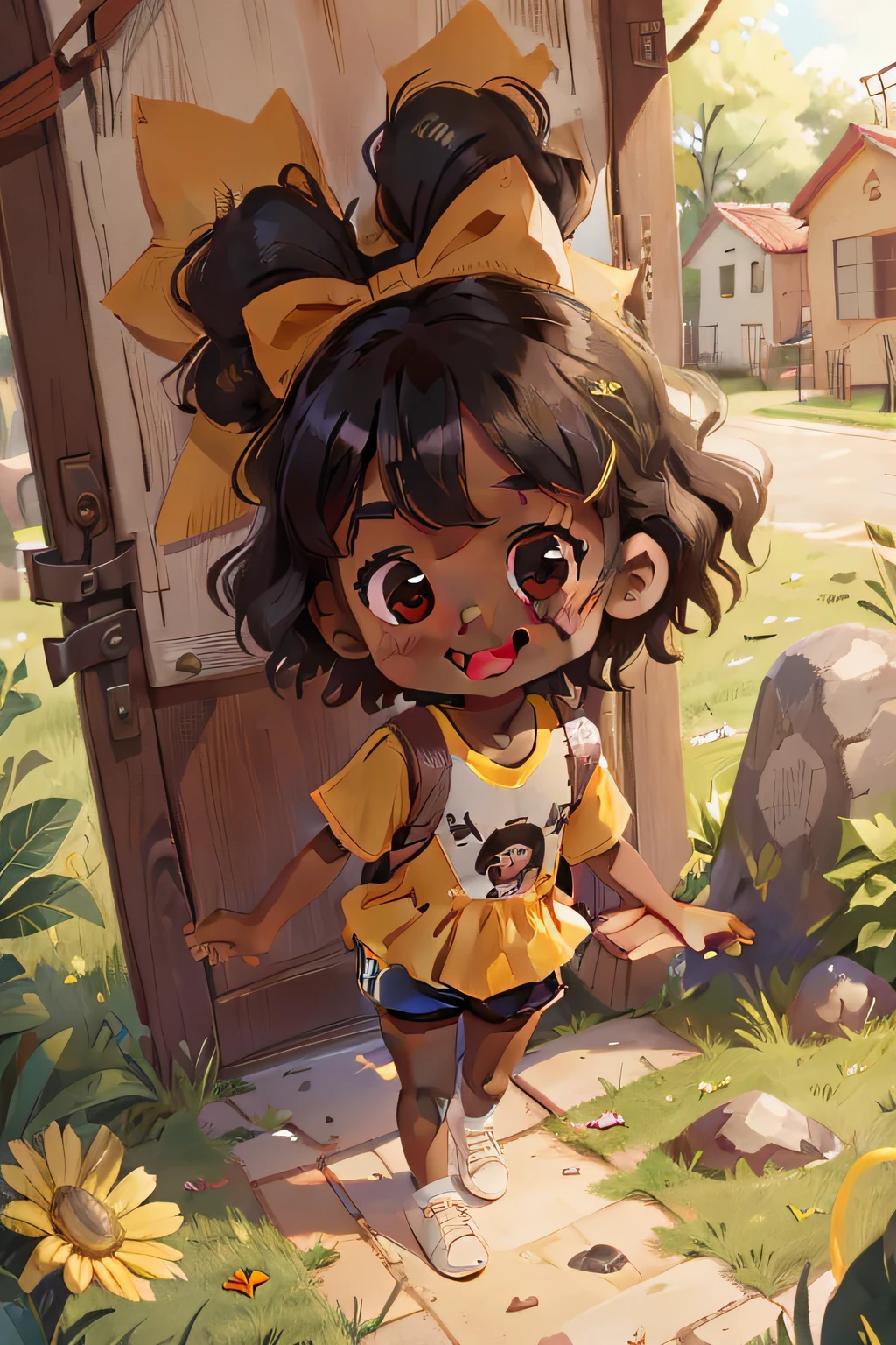 Lucy is a girl, 8 , black skin, dark, crisped bad hair, has a bow in her hair, happy and smiling, is wearing yellow shorts, white t-shirt, white sneakers, holding hands with a boy ate the park