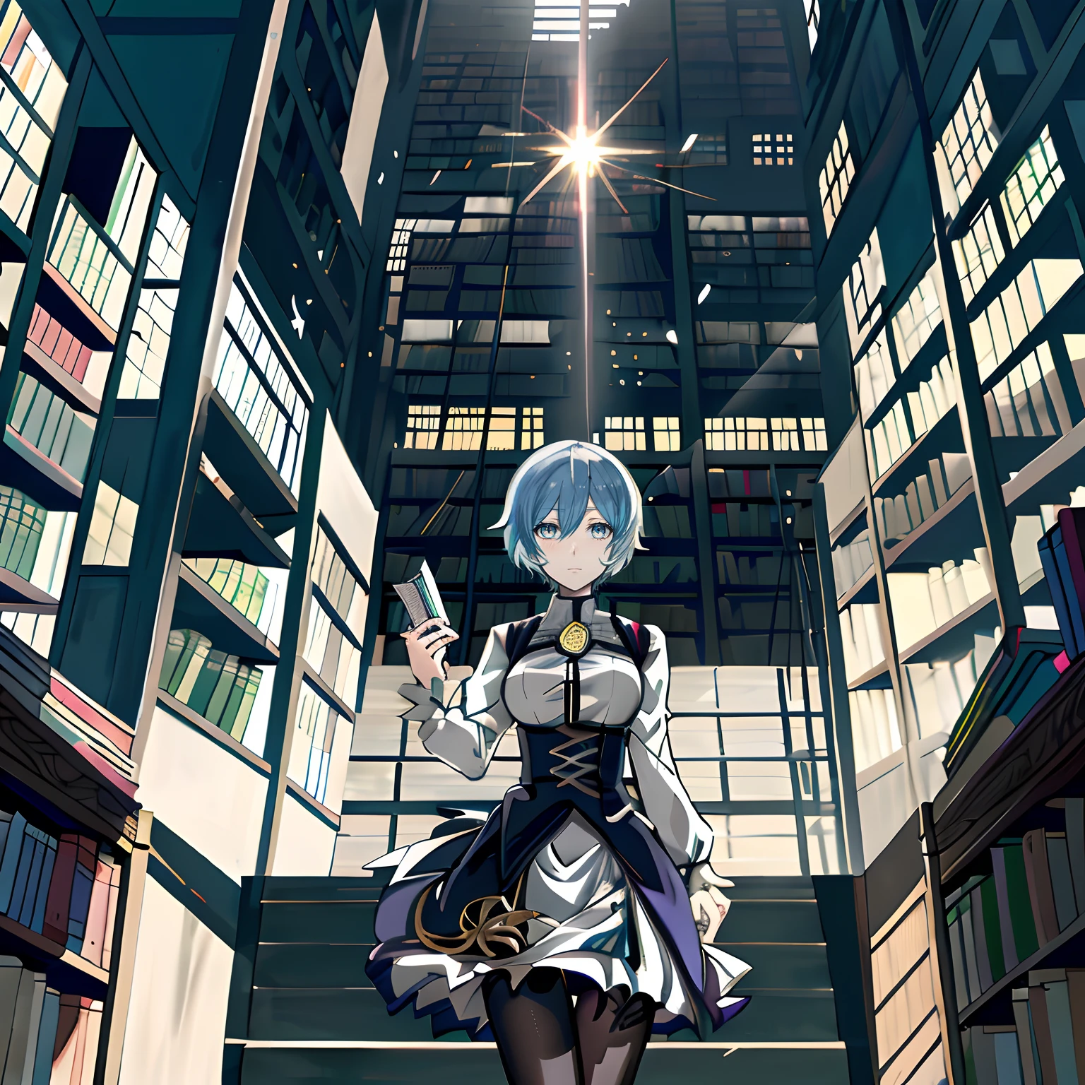 PremiumQuality,tmasterpiece,blonde eyes, light blue short hair,Anime girl reading in library in black pantyhose, Large full breasts,anime key visual of elegant, Best anime 4k konachan wallpaper, Angela, 2 b, From the Library of Ruins, Ruins Library CG, alchemist library background, fate grand order, offcial art, Ruined library style, inspired by Li Chevalier, The destroyed library world,The seed of the light emitted,2b
