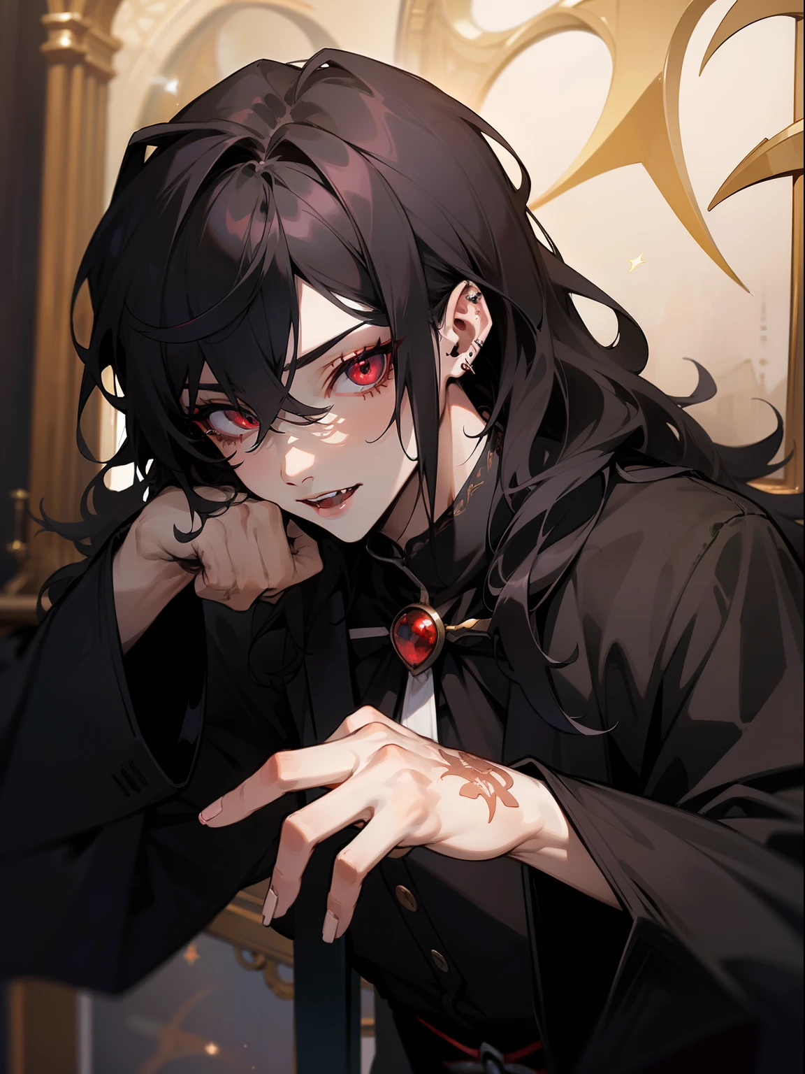 (masterpiece, best quality), intricate details, 8k, sharp focus, (best quality) (detailed skin:1.3) (intricate details) (8k) (detailed eyes) (anime) male character, wavy hair, short mullet, black hair, red eyes, male, anime boy, frontage, lovely boy, perfect face, detailed eyes, bold background, detailed accessories, unique outfit, sharp eyes, male, young man, idol, dark colours, piercings, pale skin, vampire, fangs, defined features, model, Rei Sakuma, Sakuma Rei, gothic, artistic, symbolism, sexy, falling stars, dark clothes, dark room, muscular, cluttered room, indoors, detailed background