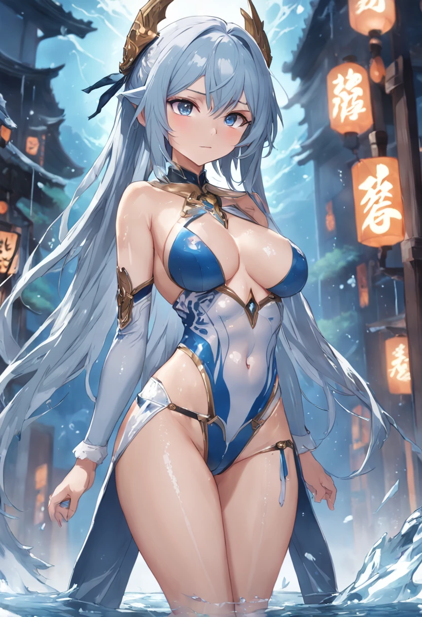 Eula, Genshin Impact, [[[skinny waist]]], [[the perfect body]], [[[Genshin Impact]]], Eula, [[[A big beautiful sword]]], (((handsome girl))), (((Narrow waist))), [[wet clear briefs]], (((beautiful breasts))) [[[in full height, Long, elegant legs]]], [[[Snowflakes fly]]], (((very extremely beautiful))), Chilled dragon in the background, [[wet transparent clothes]], (((Ice trees))), higly detailed, hiquality, Eyes of detail, {There is a blue flame in the background}, [[[in full height, nice feet]]], [[[wet underpants, Wet, translucent, Clothes shine through]]]