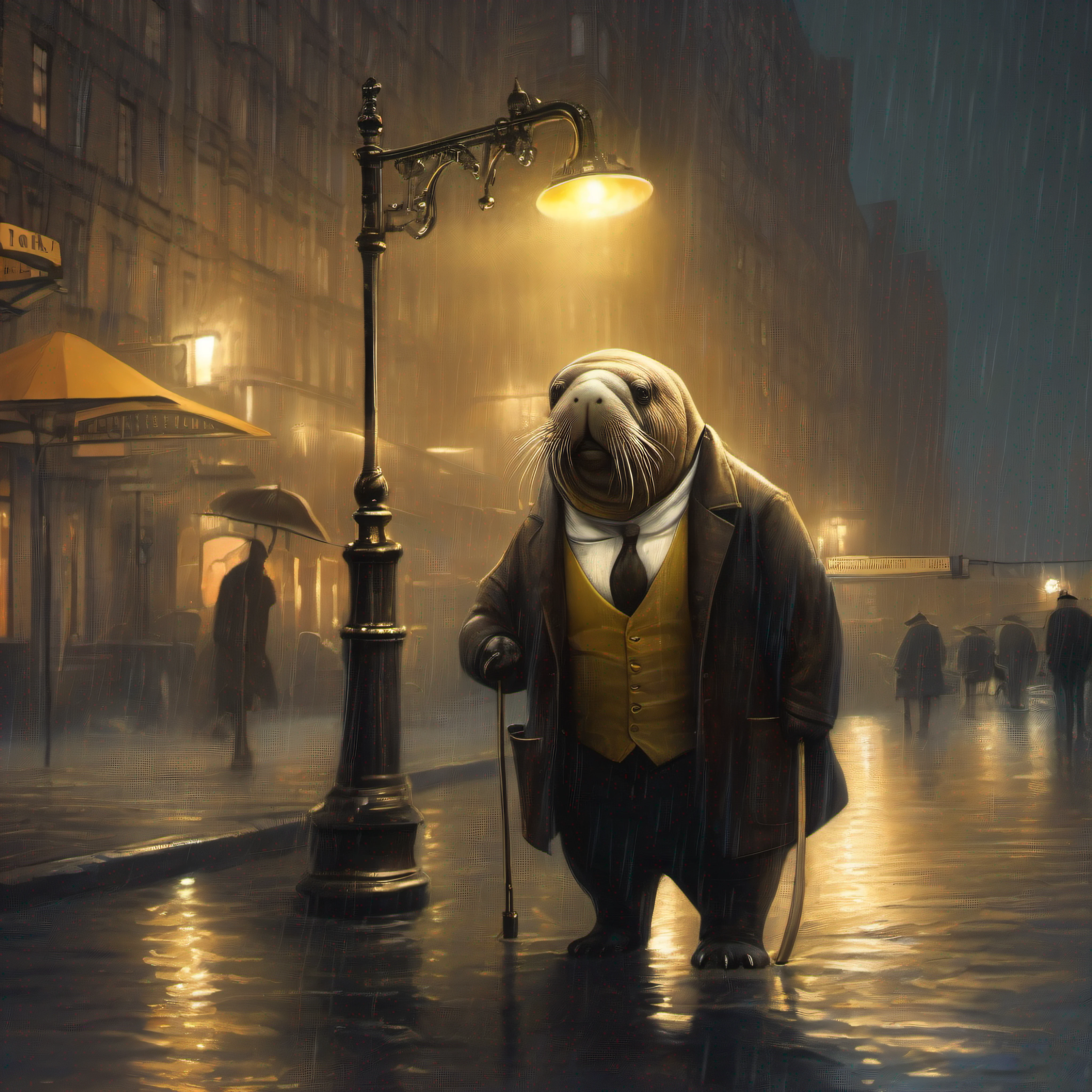 The glow of the streetlight cast a yellow hue onto the damp city street. A light rain had just passed, and the air was thick with mist. Standing beneath the tall lamppost was a large walrus wearing a black bow tie and top hat. His whiskers twitched as he gazed up at the light, the yellow glow reflecting in his dark round eyes. Though he was far from his icy ocean home, he did not seem lost or afraid. The walrus leaned on his walking cane, blinking calmly, while the traffic on the busy street roared past him. His polished black shoes tapped along with the music from a jazz club down the road. He seemed content in this odd scene, a gentleman walrus taking an evening stroll through the rainy city, not concerned by the strange looks from passerby. The walrus checked his pocket watch, the chain attached to his waistcoat, and continued on into the night.