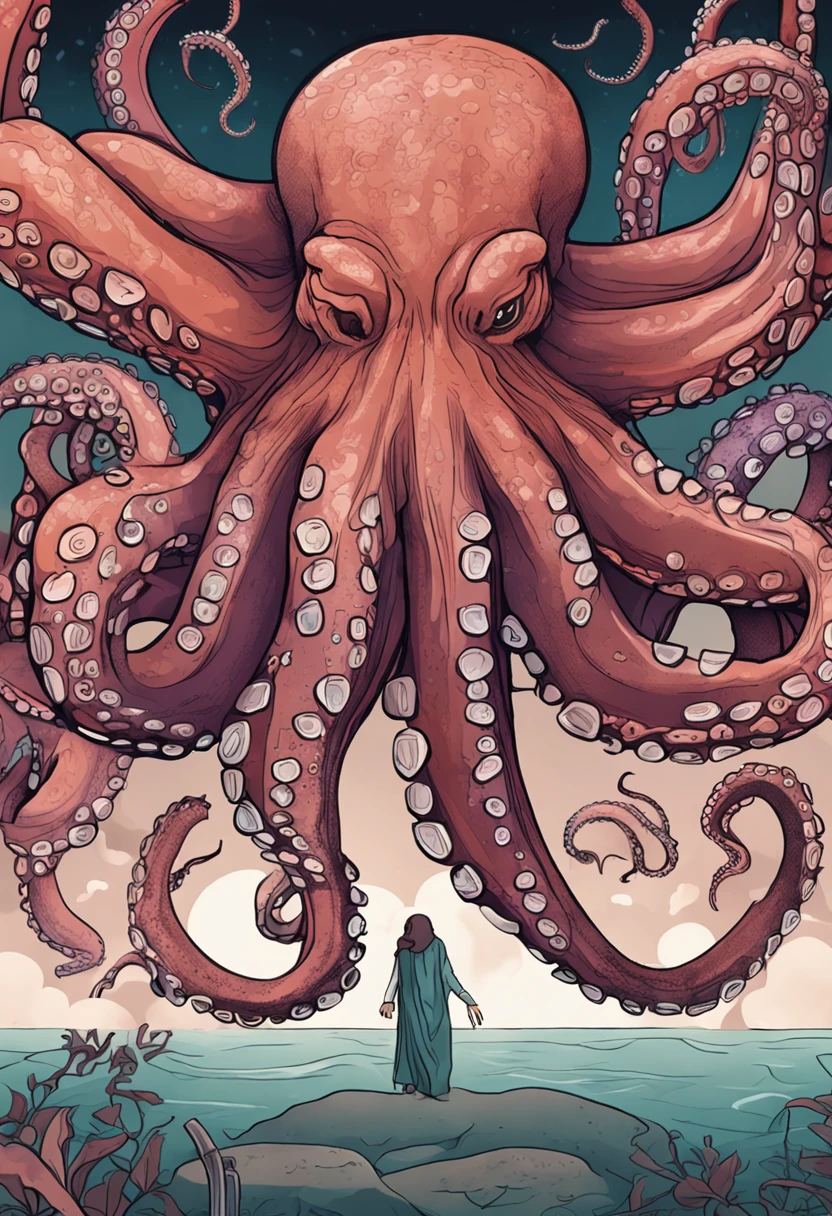 Octopus tentacles tightly wrapped around the beauty,Secretes white mucus,The beauty blushed in shame