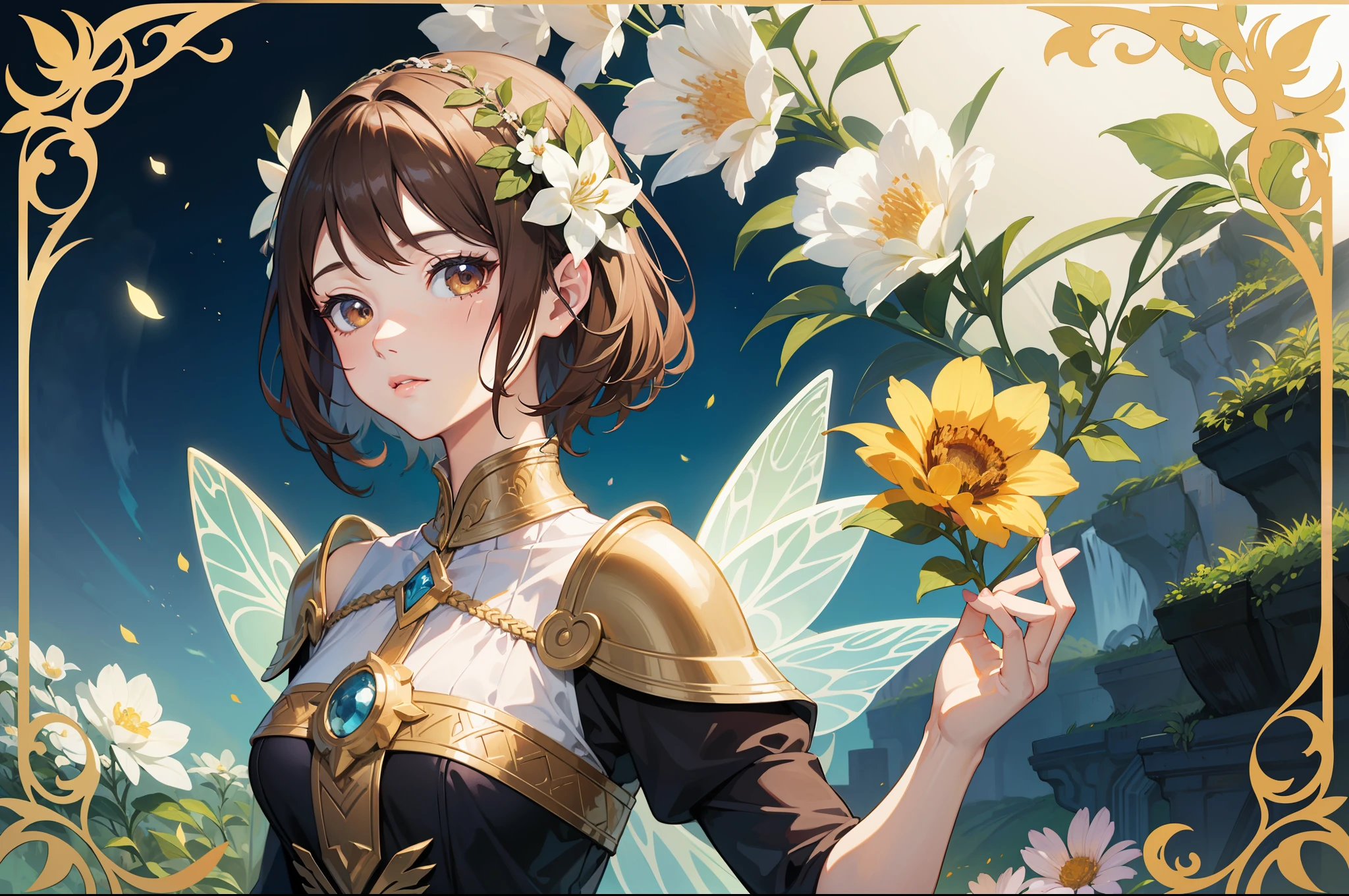 Official Art, Masterpiece European female face,elvish, short hair, lightbrown hair , brown eyes , Flower Frame ,Decorative panel , jugendstil , (masterpiece、top-quality、hight resolution: 1.4),in 8K, Drawing of a woman with short lightbrown hair, Anime Art Nouveau, highly detailed exquisite fanart, anime fantasy illustration, clean detailed anime art, detailed anime art, Sharp Focus, Delicate Beautiful Hair and Eyes and Face, realisitic, ultra-detailliert, a beauty girl, fairy
