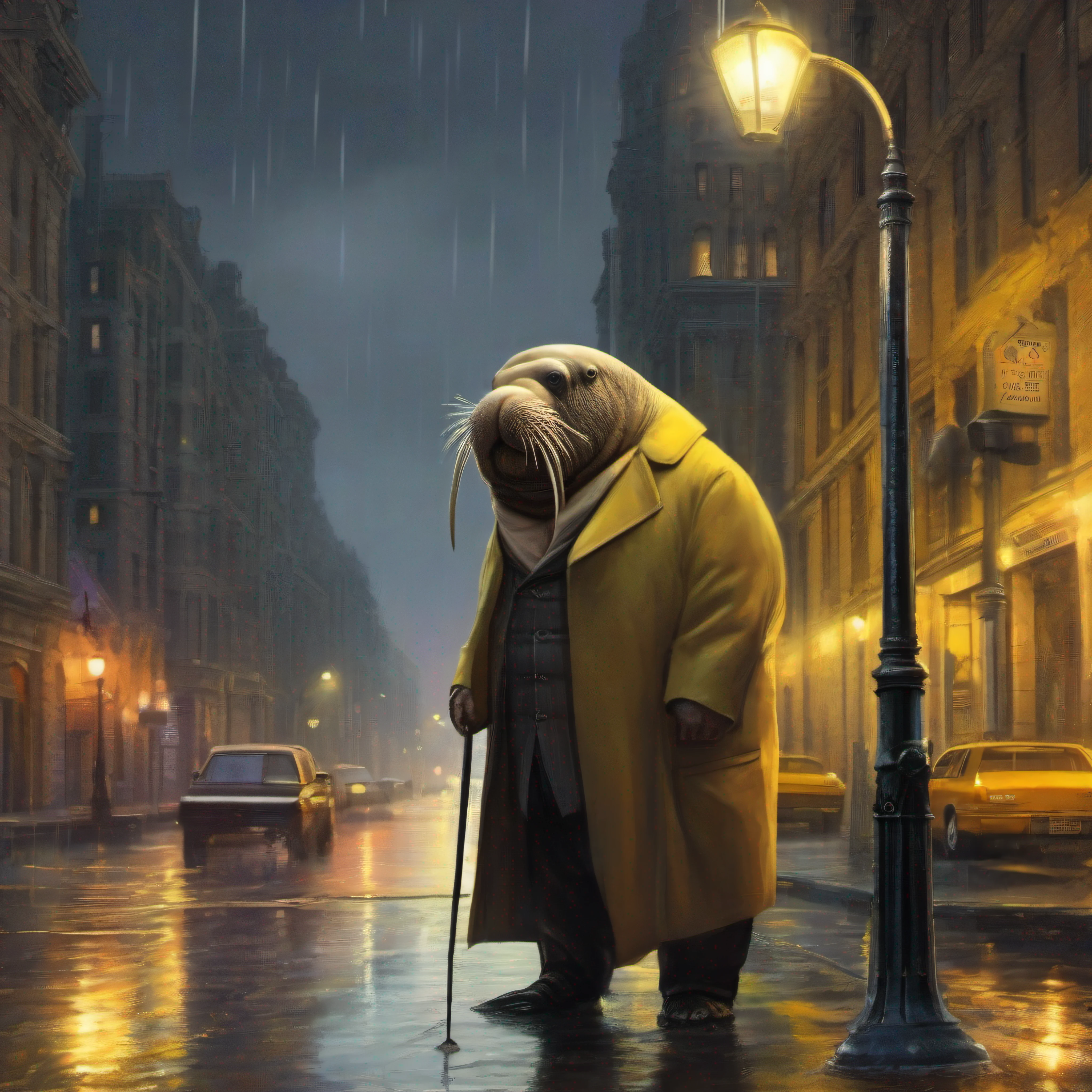 The glow of the streetlight cast a yellow hue onto the damp city street. A light rain had just passed, and the air was thick with mist. Standing beneath the tall lamppost was a large walrus wearing a black bow tie and top hat. His whiskers twitched as he gazed up at the light, the yellow glow reflecting in his dark round eyes. Though he was far from his icy ocean home, he did not seem lost or afraid. The walrus leaned on his walking cane, blinking calmly, while the traffic on the busy street roared past him. His polished black shoes tapped along with the music from a jazz club down the road. He seemed content in this odd scene, a gentleman walrus taking an evening stroll through the rainy city, not concerned by the strange looks from passerby. The walrus checked his pocket watch, the chain attached to his waistcoat, and continued on into the night.