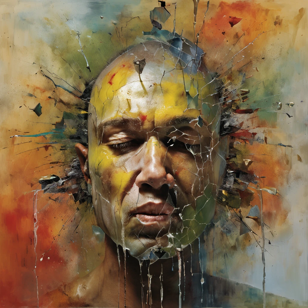 Arafed man with a broken head and broken glass on his face, Ogive explosive, Machine parts embedded in the face, Volatil, inspired by Igor Morski, Dramatic artwork, photomanipulation, Manipulation de photos, Disintegration, headbang until your brain bleeds, explosion of data fragments, tinnitus, official artwork, incredibly high detailed, Photoshop Art, effet de bruit