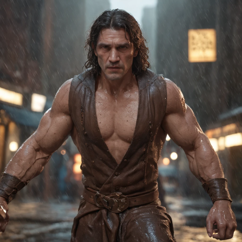 (Professional 3D Rendering:1.3) De (Realistic:1.3) The most beautiful art photos in the world,Soft features, Bright male hero, ((epic hero fantasy rough muscle man wet hero angry long hair short beard and fierce look in dynamic pose, fantastic location, majestic cluttered environment)), Full-body 8K unit rendering, action SHOT, Skin pores, Very dark lighting, Dark shading, detailliert, 详细的脸, (vibrating, photos realistic, Realistic, Dramatic, murky, foco nítido, 8K), (Old leather clothes damaged by bad weather:1.4), ((((Use skins)))), (Convoluted:1.4), decadent, (ighly detailed:1.4), digitial painting, rendering by octane, art stations, concept-art, suave, foco nítido, Illustration, Germ from art, (Roisch:0.23), Vlop Ilya Kuvshinov, e Gregg Rutkowski e Alphonse Mucha Gracias, (globalillumination, studio lights, Light Volumetric), very heavy rain, Floating particles, lotr, Fantasia, my, Intellosbians, ((Dark ancient city background:1.3)),CG Series,art stations