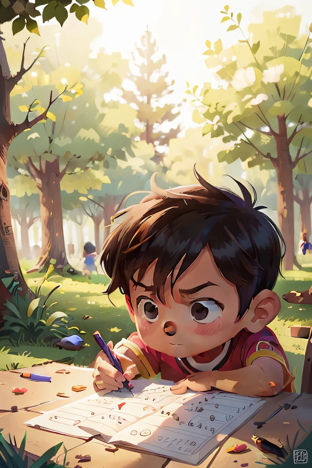 a 8 boy named ricky, looking shy, and drawing ate the park