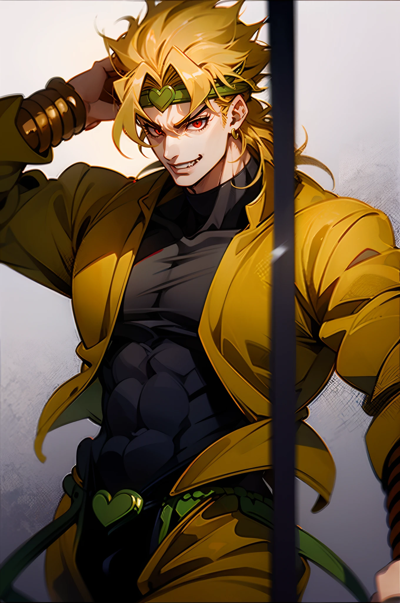 dio, yellow jacket, yellow pants, headband, vampire, red eyes