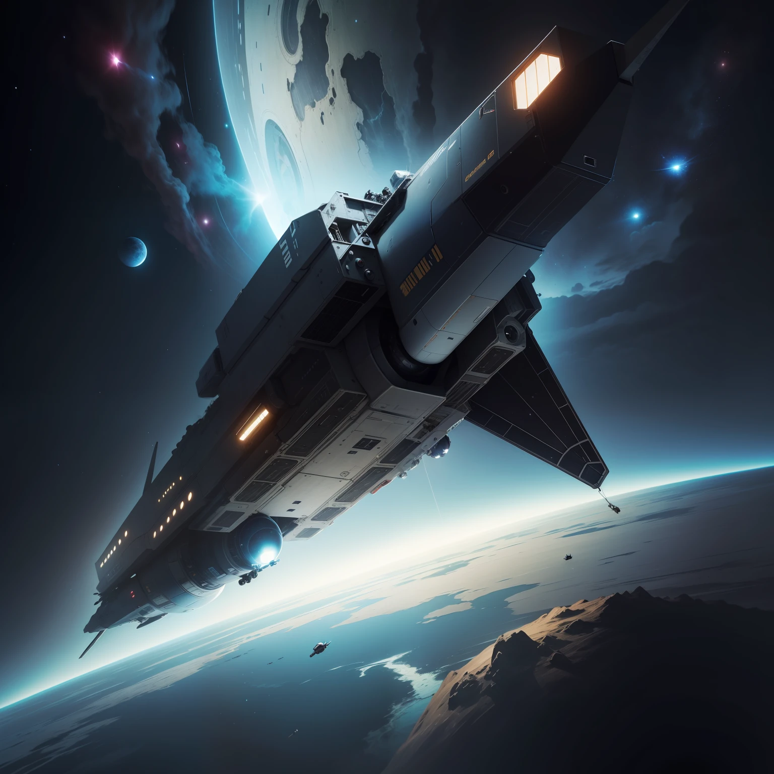 A black space reconnaissance ship flies up to an unknown planet