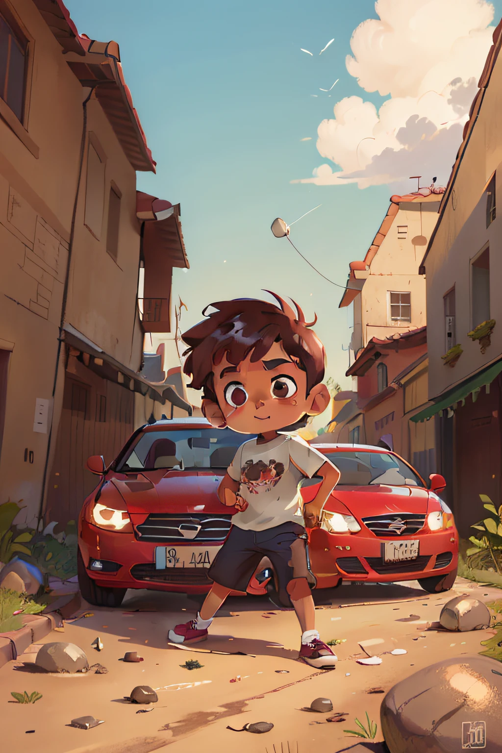 a 8 boy named ricky, short brown hair, throwing rocks on the cars, looking, looking naughty