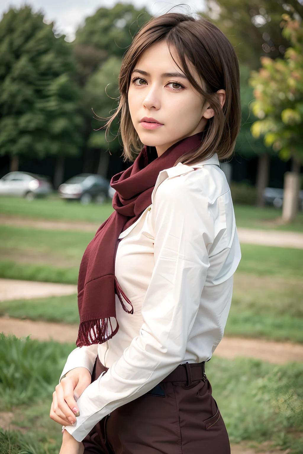 best quality, ultra high res, (photorealistic:1.4), 1girl, mikasa ackerman, short dark brown hair, white shirt, long red scarf, brown jacket, tight white trousers, brown skirt outside trousers, looking at viewer, full body shot, serious face, dark brown eyes, sharp stare eyes, meadow background, realistic
