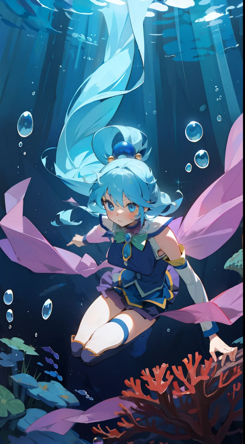 (underwater, masterpiece), best quality, nature,gorgeous, 1girl, corals, jellyfish, purple, magical, (spectral) , bubbles, magic BREAK perfect face, expresive eyes, cute, highres, digital art, glow, encanted, BREAK thigh, socks, innocent, no_umbrelas, (perfect face, expressive eyes) BREAK aqua \(konosuba\), blue eyes, blue hair, full body