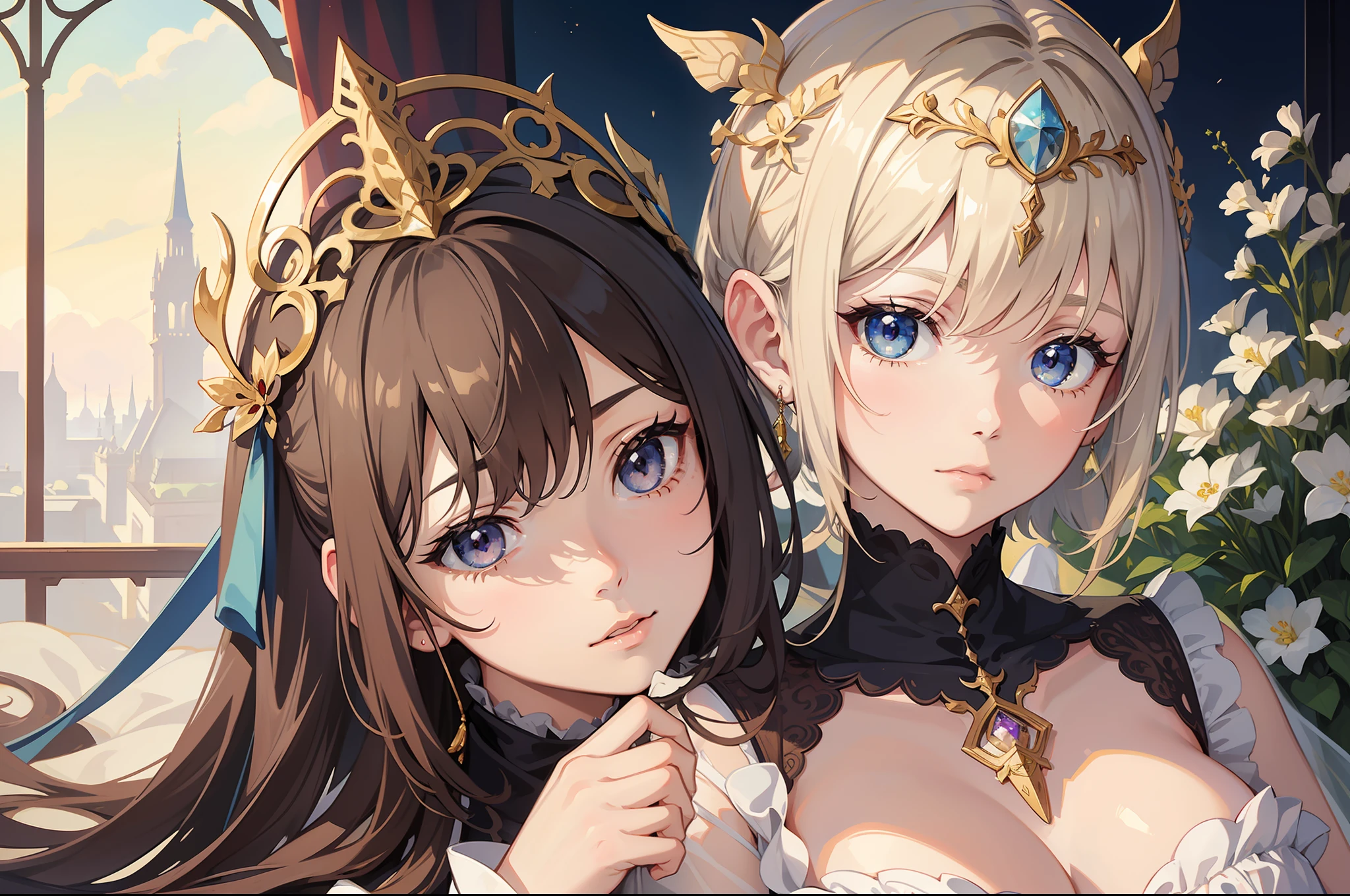 Official Art, Masterpiece European female face,elvish, short hair, lightbrown hair , brown eyes , Flower Frame ,Decorative panel , jugendstil , (masterpiece、top-quality、hight resolution: 1.4),in 8K, Drawing of a woman with short lightbrown hair, Anime Art Nouveau, highly detailed exquisite fanart, anime fantasy illustration, clean detailed anime art, detailed anime art, Sharp Focus, Delicate Beautiful Hair and Eyes and Face, realisitic, ultra-detailliert, a beauty girl, fairy