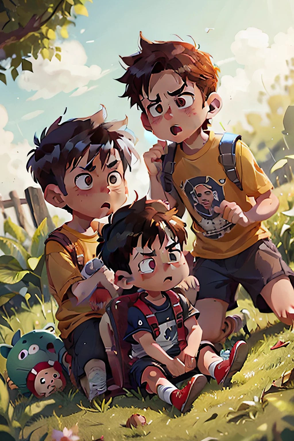 several young boys, siting on the grass, looking angry