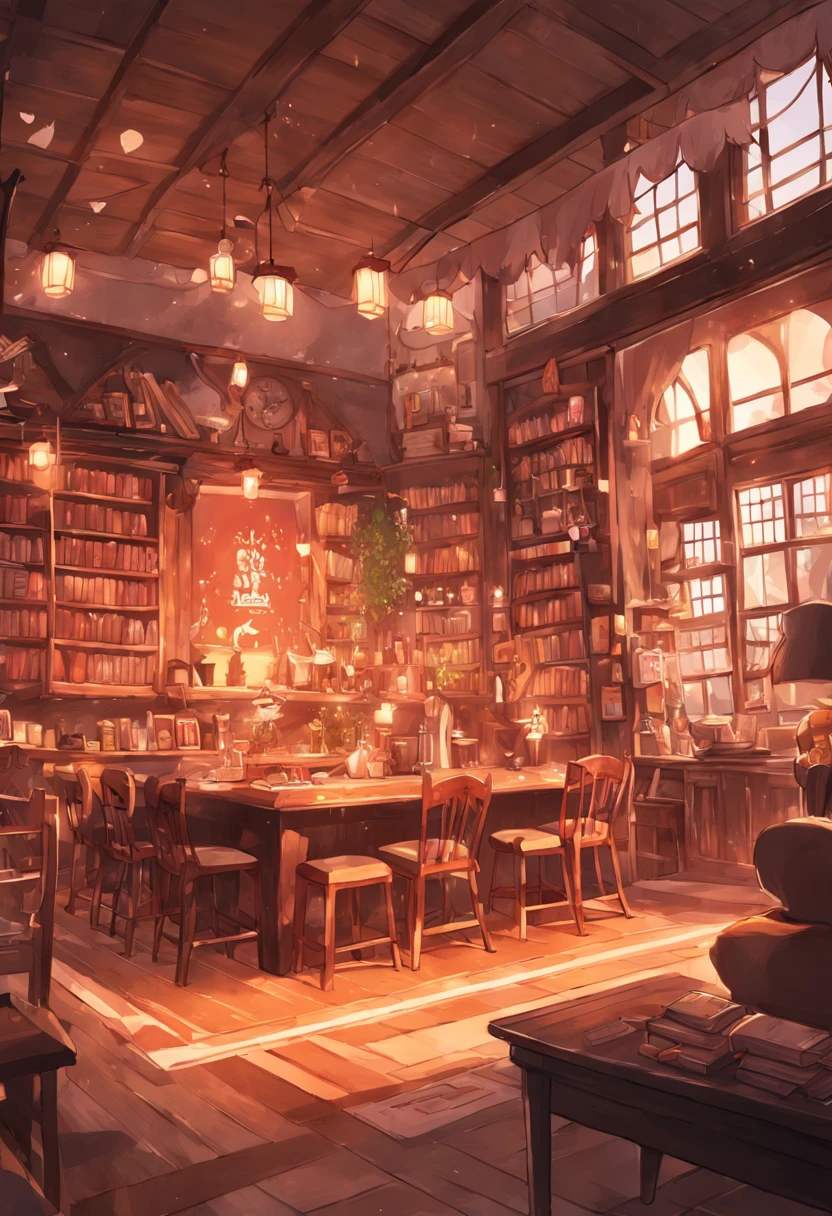 There is a living room，There are a lot of books on the shelves, cozy cafe background, cozy place, cozy environment, designed for cozy aesthetics, Relaxing concept art, cozy home background, Cozy atmosphere, pleasant cozy atmosphere, highly detailed scenario, a multidimensional cozy tavern, cozy and peaceful atmosphere, cozy living room background, cozy environment, cosy atmoshpere, highly detailed environments