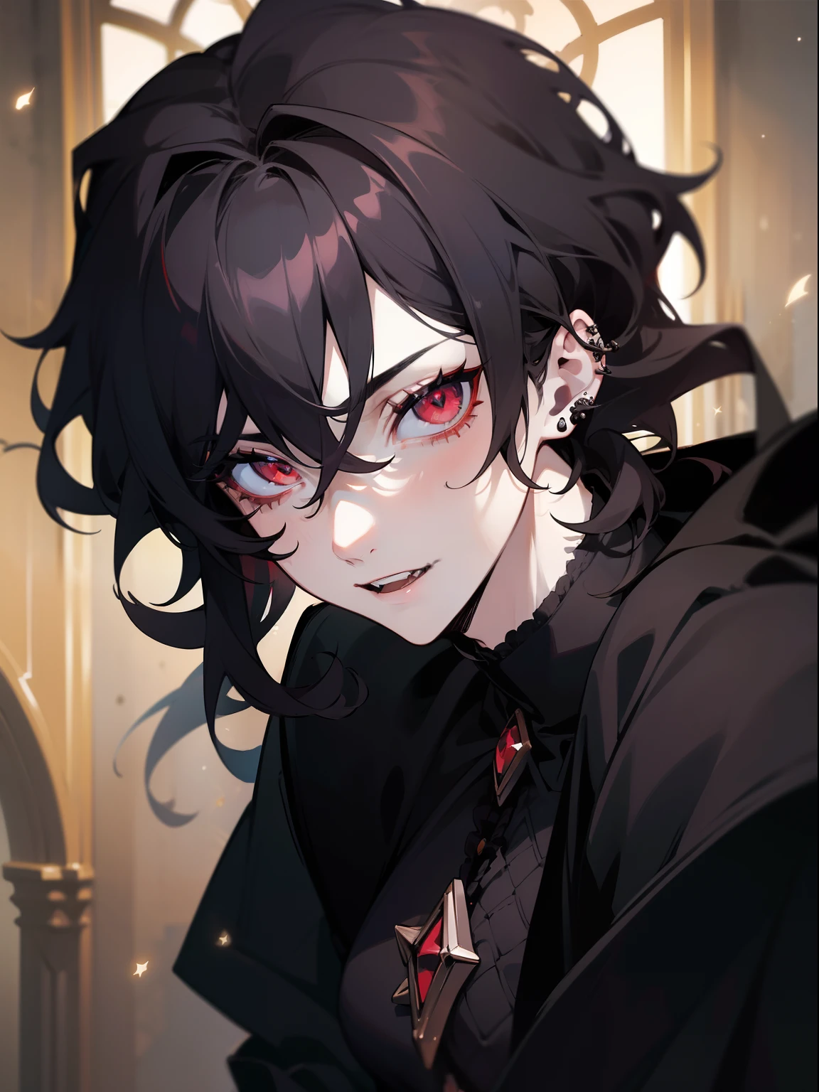 (masterpiece, best quality), intricate details, 8k, sharp focus, (best quality) (detailed skin:1.3) (intricate details) (8k) (detailed eyes) (anime) male character, wavy hair, mullet, short hair, black hair, red eyes, male, anime boy, frontage, lovely boy, perfect face, detailed eyes, bold background, detailed accessories, unique outfit, sharp eyes, male, young man, idol, dark colours, piercings, pale skin, vampire, fangs, defined features, model, Rei Sakuma, Sakuma Rei, gothic, artistic, symbolism, sexy, falling stars, dark clothes, dark room, muscular, cluttered room, indoors, detailed background, bold colours, bold outlines