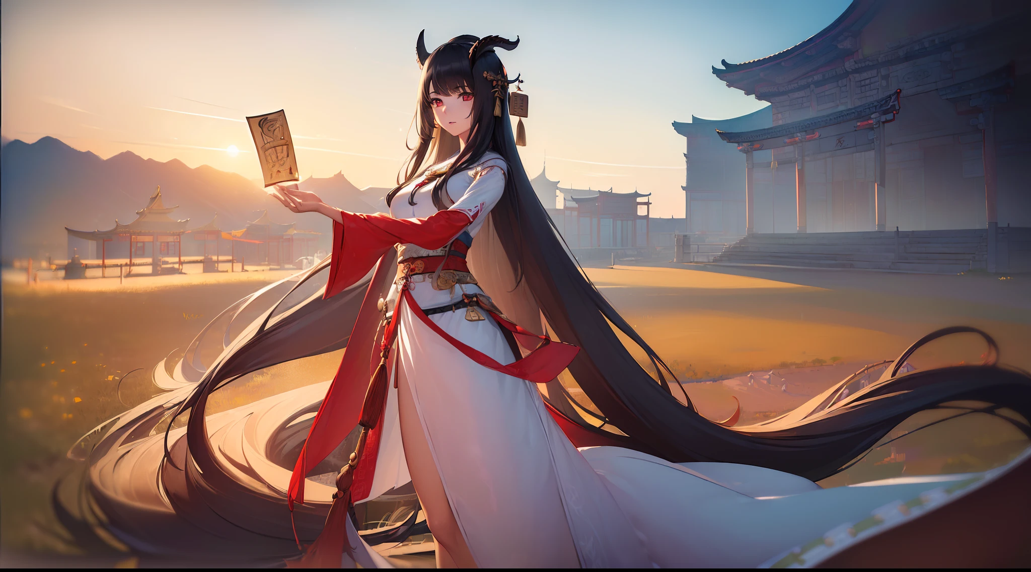 (masterpiece:1.5),(best quality:1.5),(ultra-detailed:1.5),illustration,cowboy shot,1girl,solo,(buildings),perfect face,lustrous skin,long hair,beautiful detailed eyes,beautiful flowing hair, (ru_qun:1.5),(hanfu:1.5) wearing white and red Dunhuang dress, outdoors, at a shrine, full body,