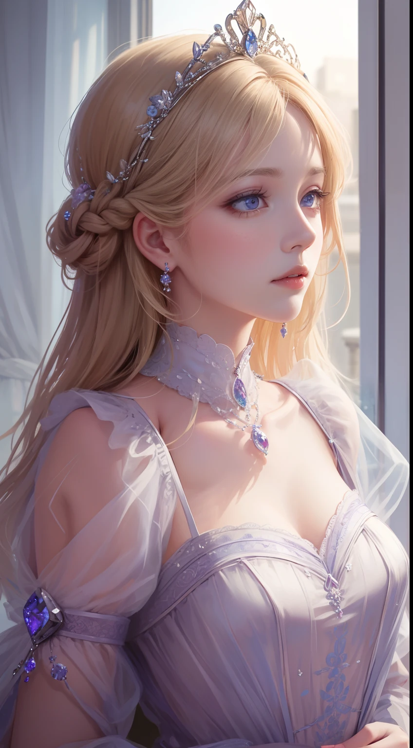 tmasterpiece,Highest high resolution,Dynamic bust of beautiful royal lady,Delicate blonde braided hair,Purple clear eyes,The hair is covered with beautiful and delicate floral craftsmanship, Crystal jewelry filigree,Ultra-detailed details,upscaled。